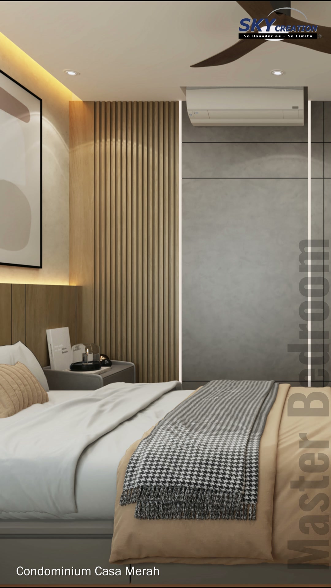 Casa Merah master bedroom with an upholstered bed, timber headboard and abstract artwork