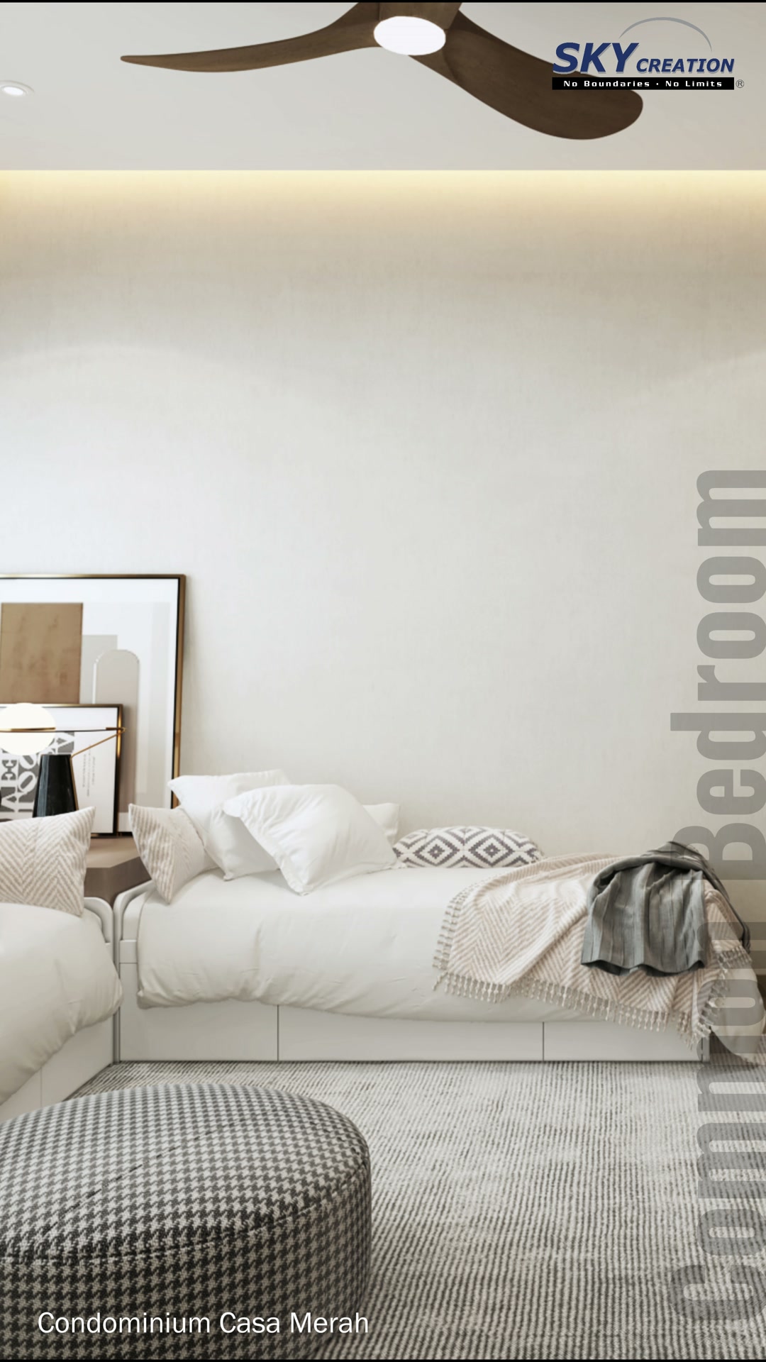 Casa Merah common bedroom with a pale sofa-bed, timber wardrobe and houndstooth ottoman