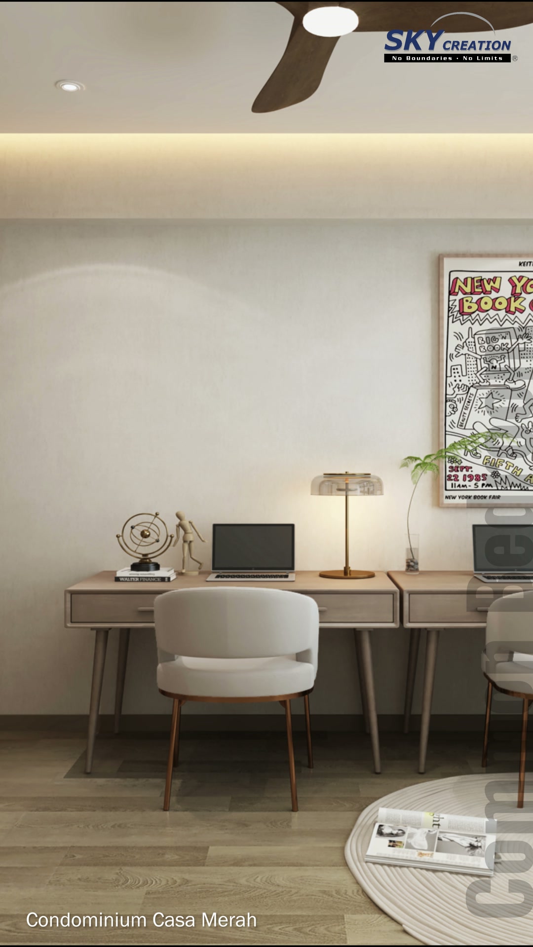 Casa Merah two-seat study with a window bench, black blinds and framed city artwork