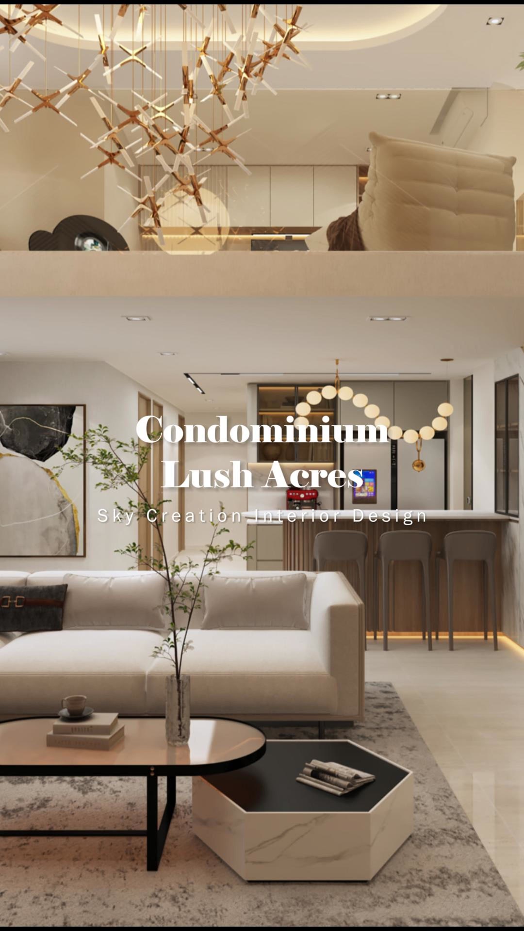 Original Lush Acres condominium 3D cover showing a pale sofa, sculptural branching chandelier, curved bar counter and globe pendant lights