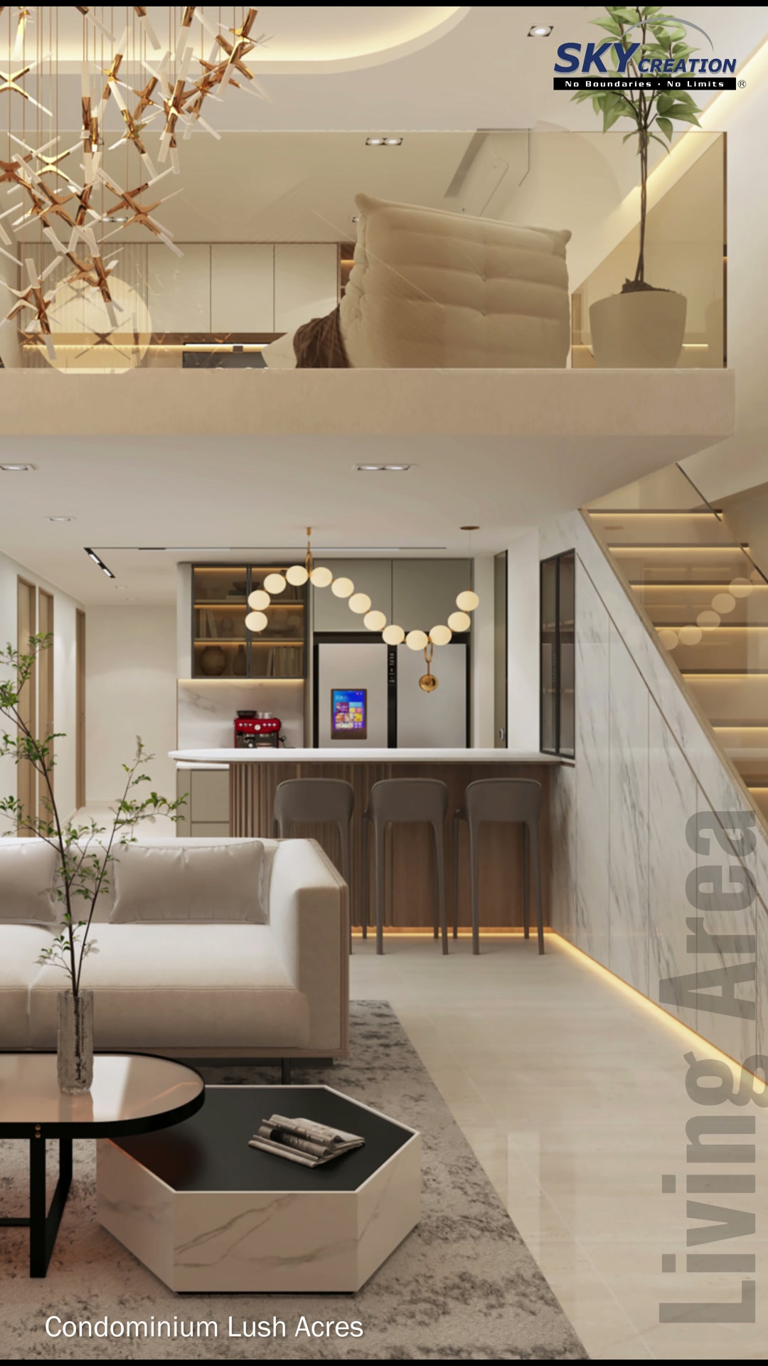 Lush Acres living area with pale sectional sofa, branching chandelier, curved bar and globe pendant lights