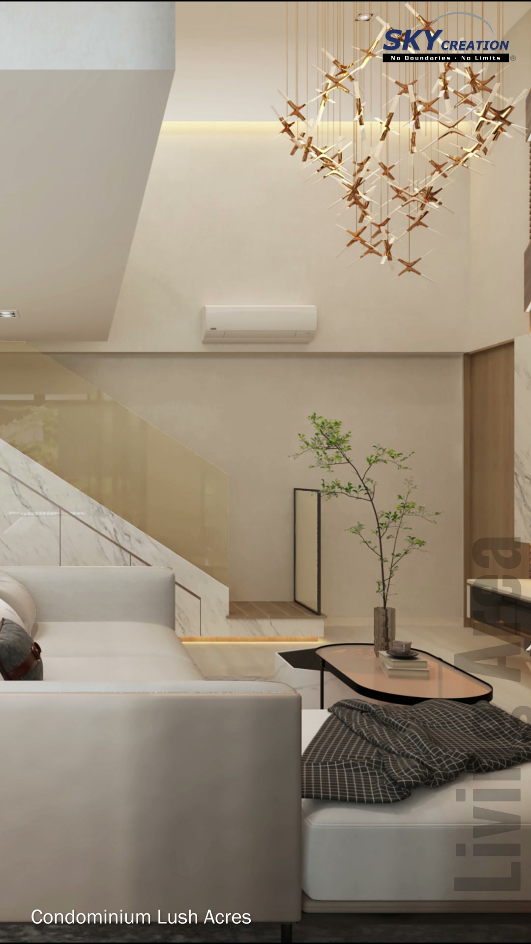 Lush Acres double-height living room with staircase, illuminated television ledge and layered coffee tables
