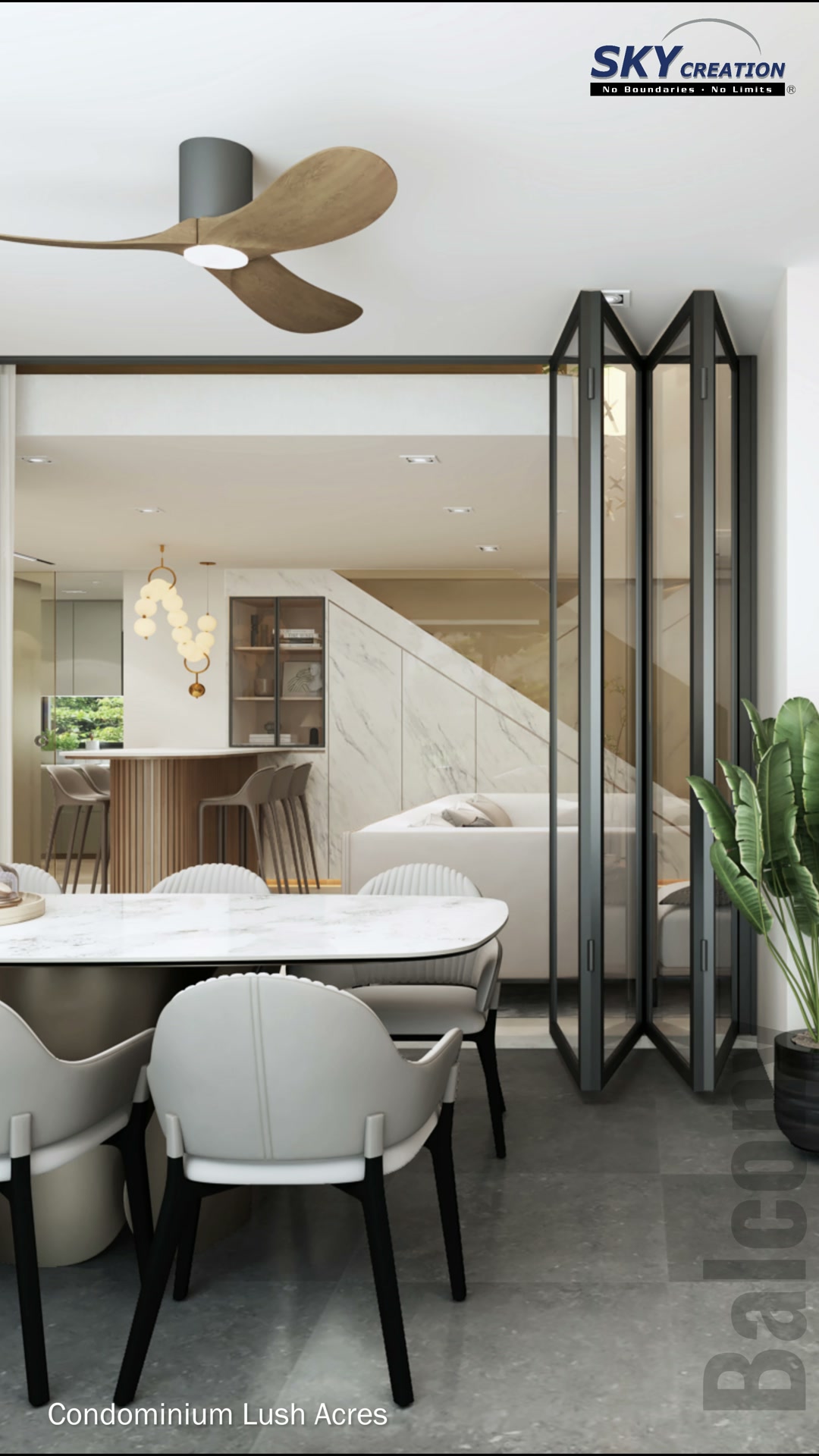 Lush Acres dining area with black-framed divider, pale chairs and view toward the staircase