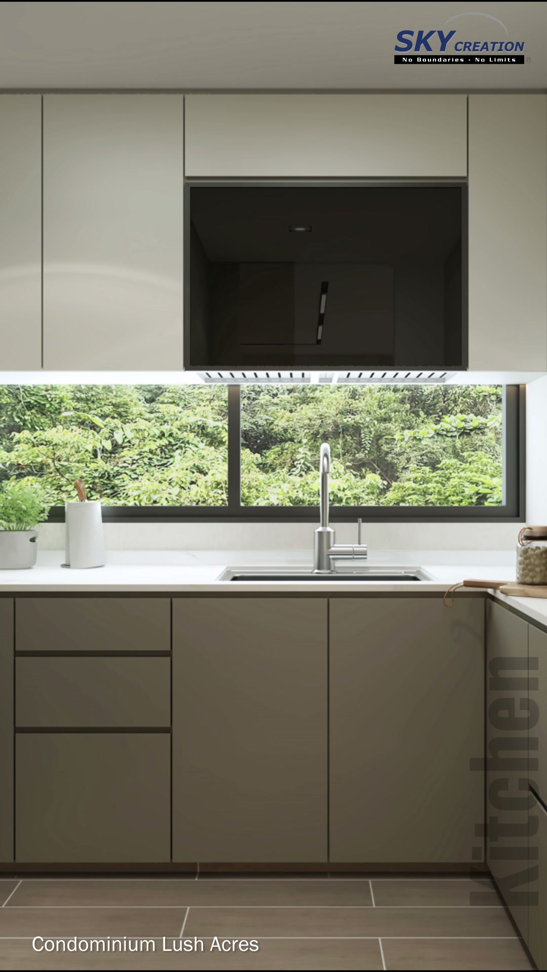 Lush Acres U-shaped kitchen with grey cabinetry, black cooker hood and wide sink window