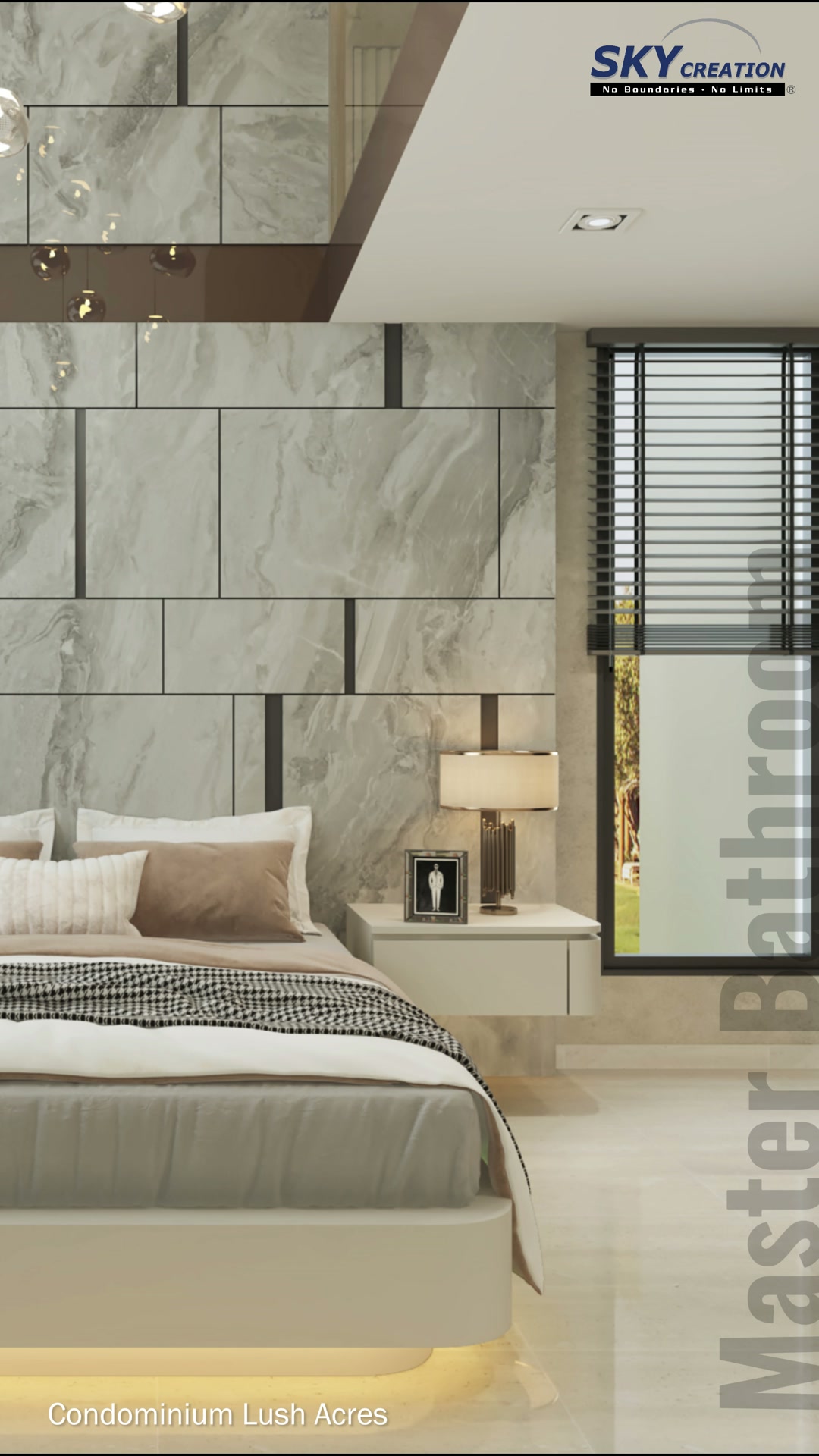 Lush Acres main bedroom with marble-look feature wall, low platform bed and warm perimeter lighting