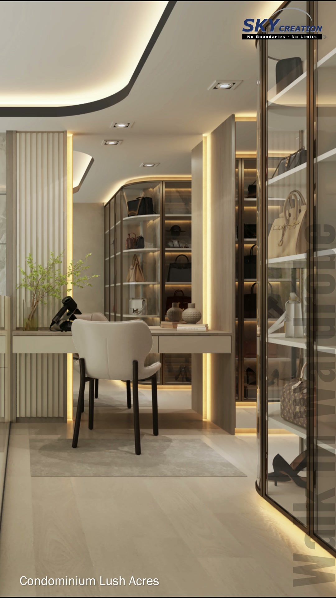 Lush Acres study and dressing area with black-framed glass storage, display lighting and pale chair