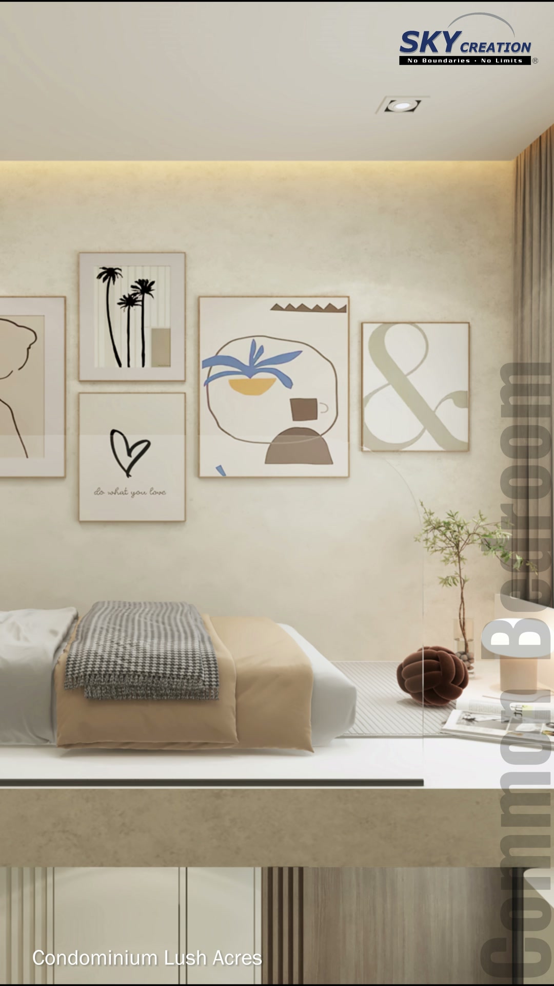 Lush Acres common bedroom with platform bed, colourful framed art and concealed lighting