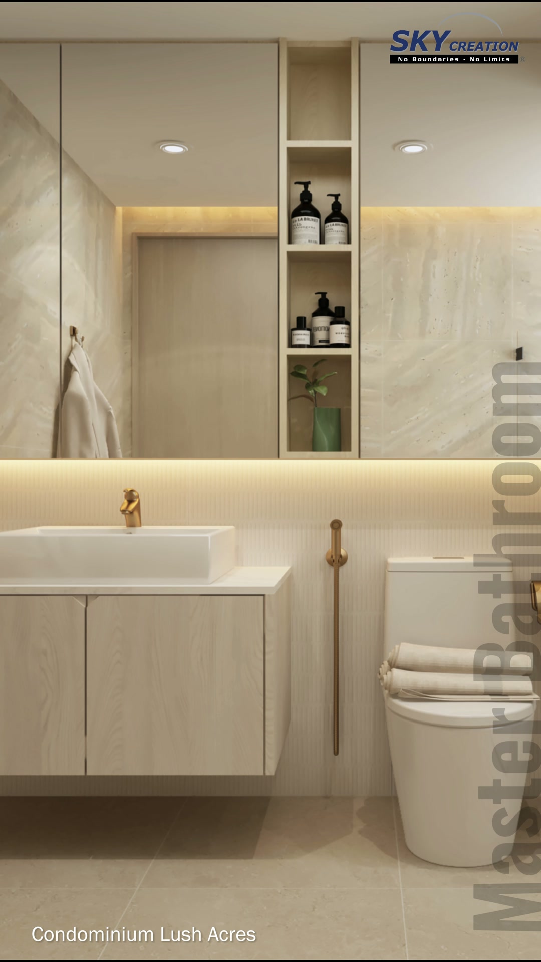 Lush Acres bathroom with floating timber vanity, rounded mirror, open niche and black shower fittings