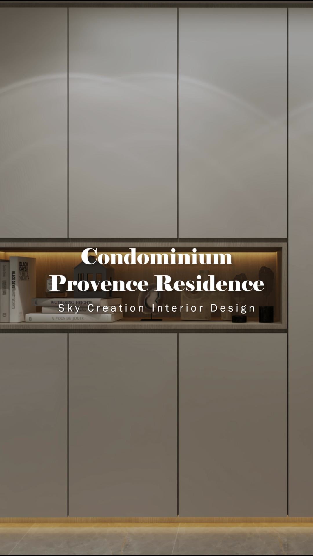 Original Provence Residences 3D cover showing pale full-height entrance storage and a warm illuminated display niche