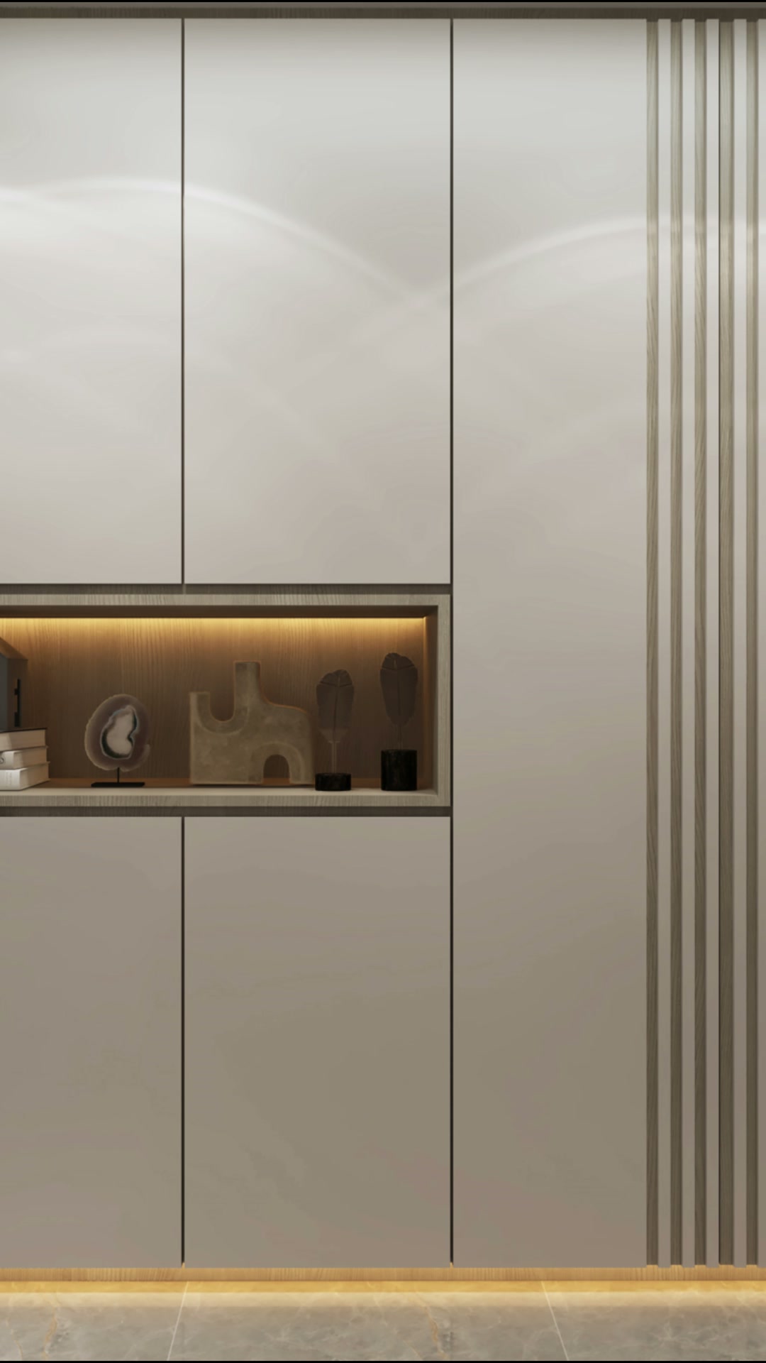 Provence Residences entrance with pale full-height storage, an amber-lit niche and a fluted panel