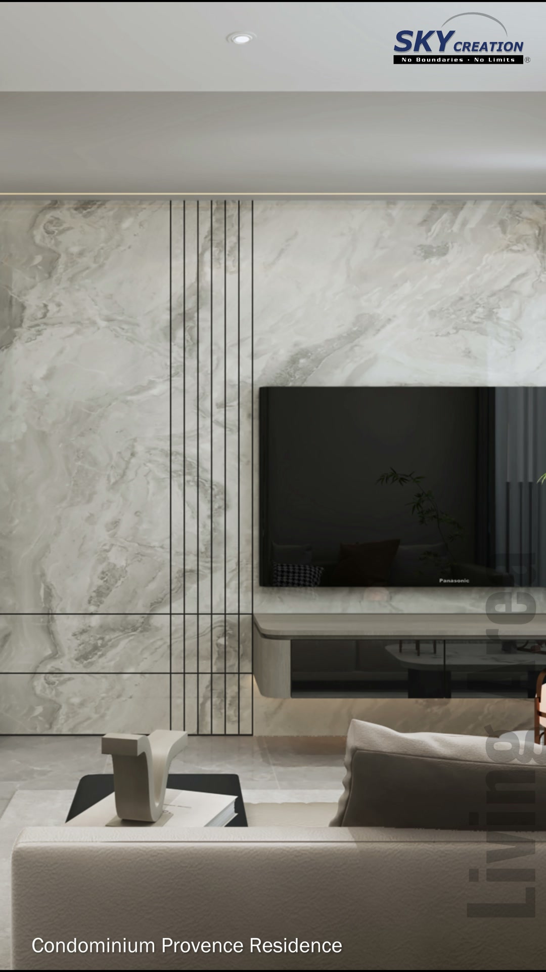 Provence Residences living area with a pale sofa, floating television console and full-height curtains