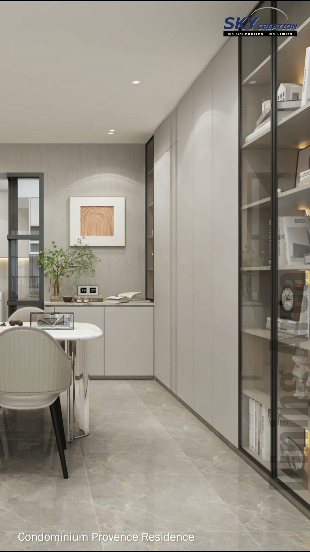 Provence Residences dining passage with window-side storage and a black-framed display cabinet