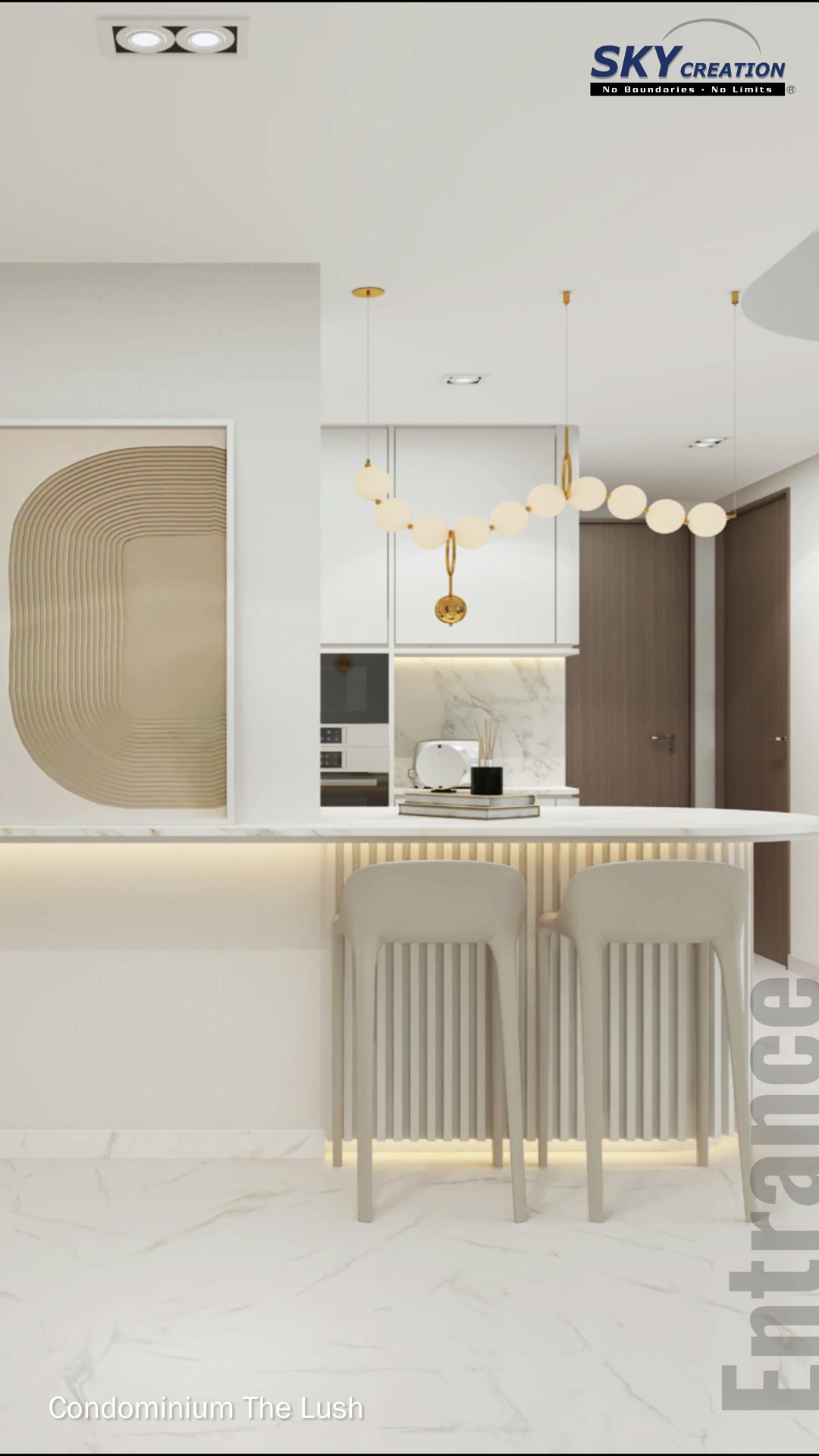 The Lush entrance with vertical fluting, sculptural wall artwork and softly lit pale finishes