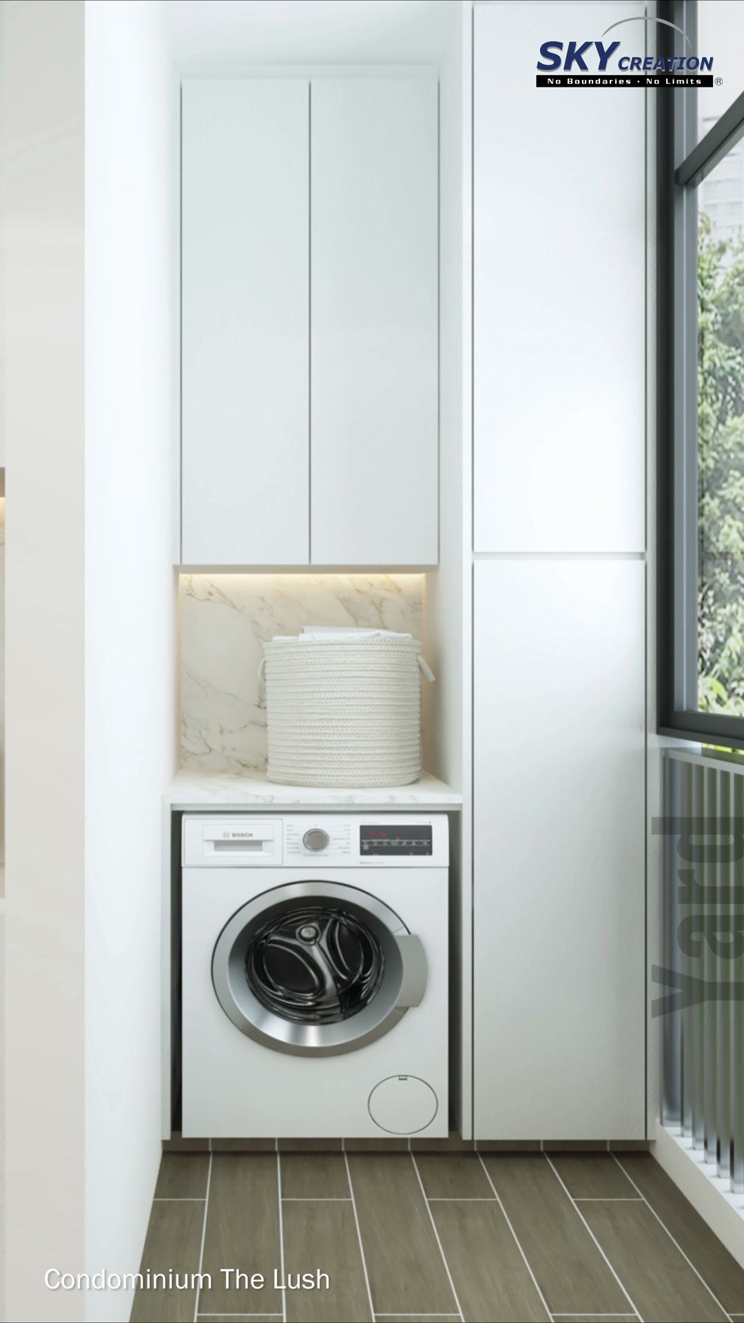 The Lush utility area with integrated washing machine, tall storage and warm task lighting