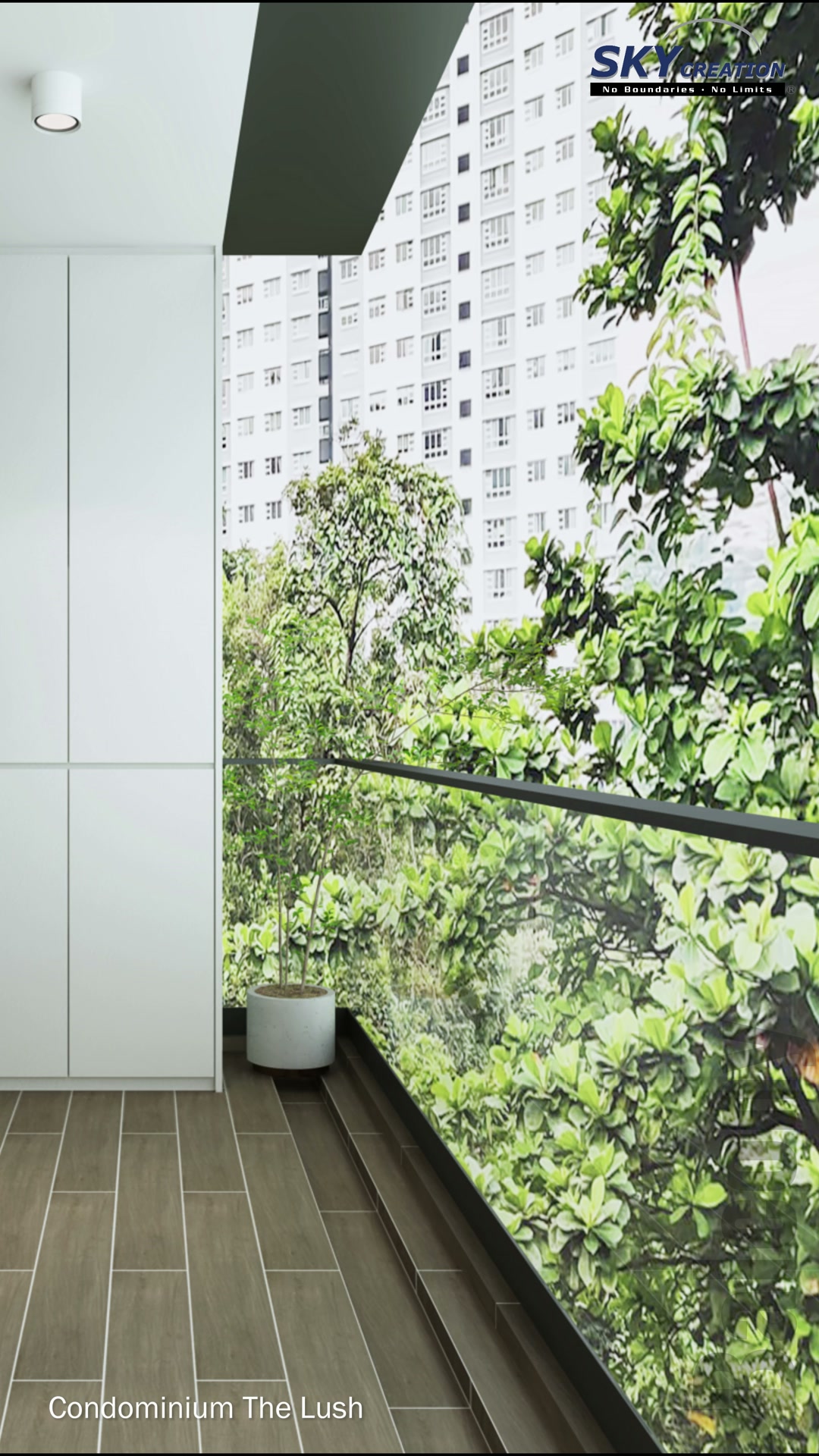 The Lush balcony with full-height storage, tiled floor, black framing and leafy outlook