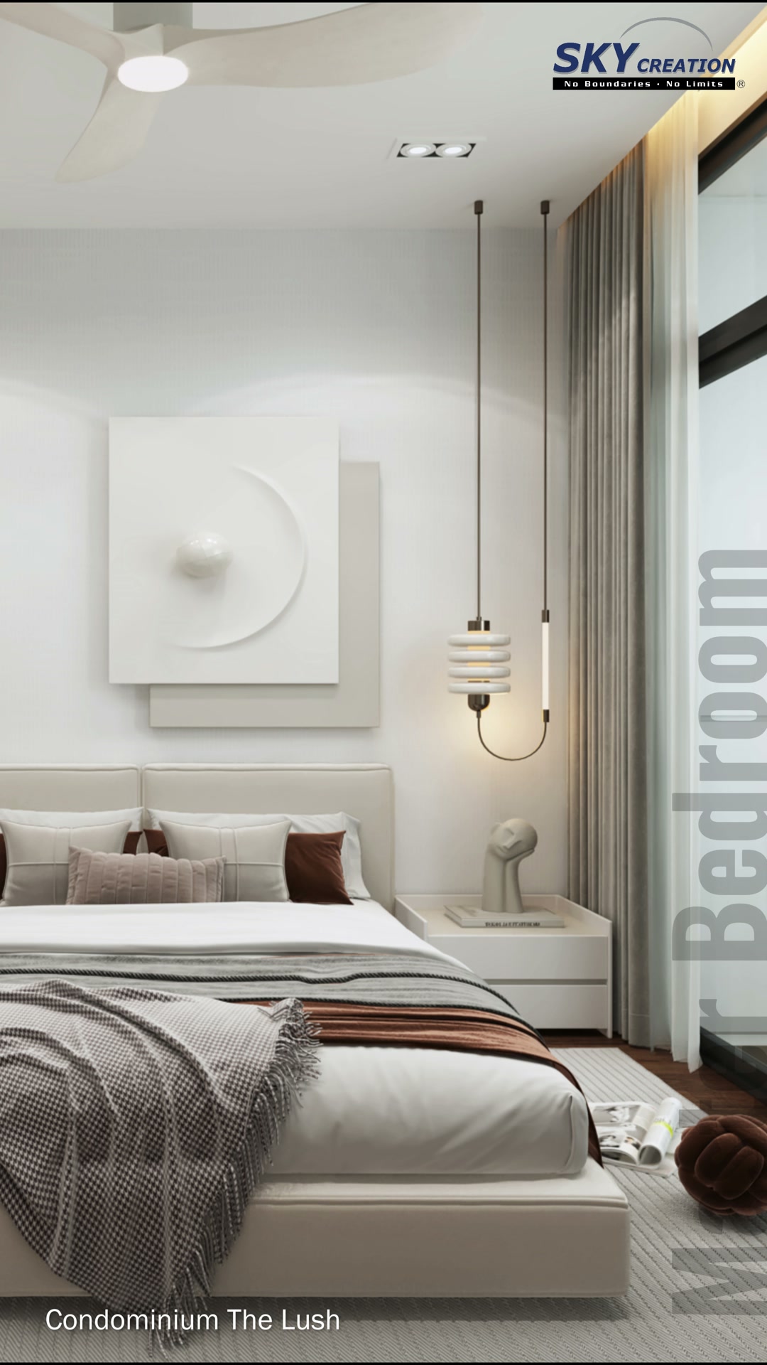 The Lush master bedroom with upholstered bed, pendant light and circular relief artwork