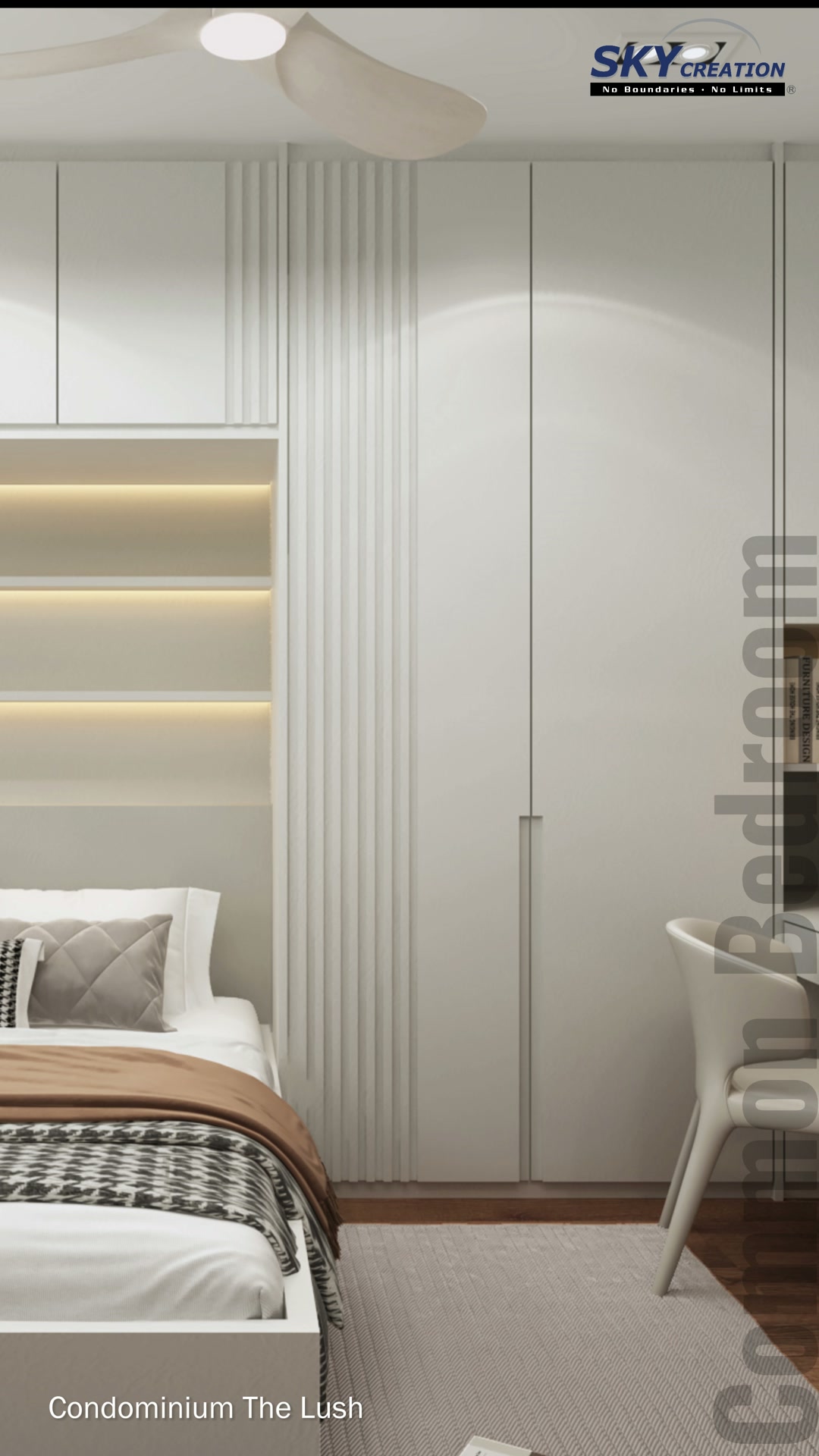 The Lush common bedroom with integrated shelving, wardrobe and compact study desk