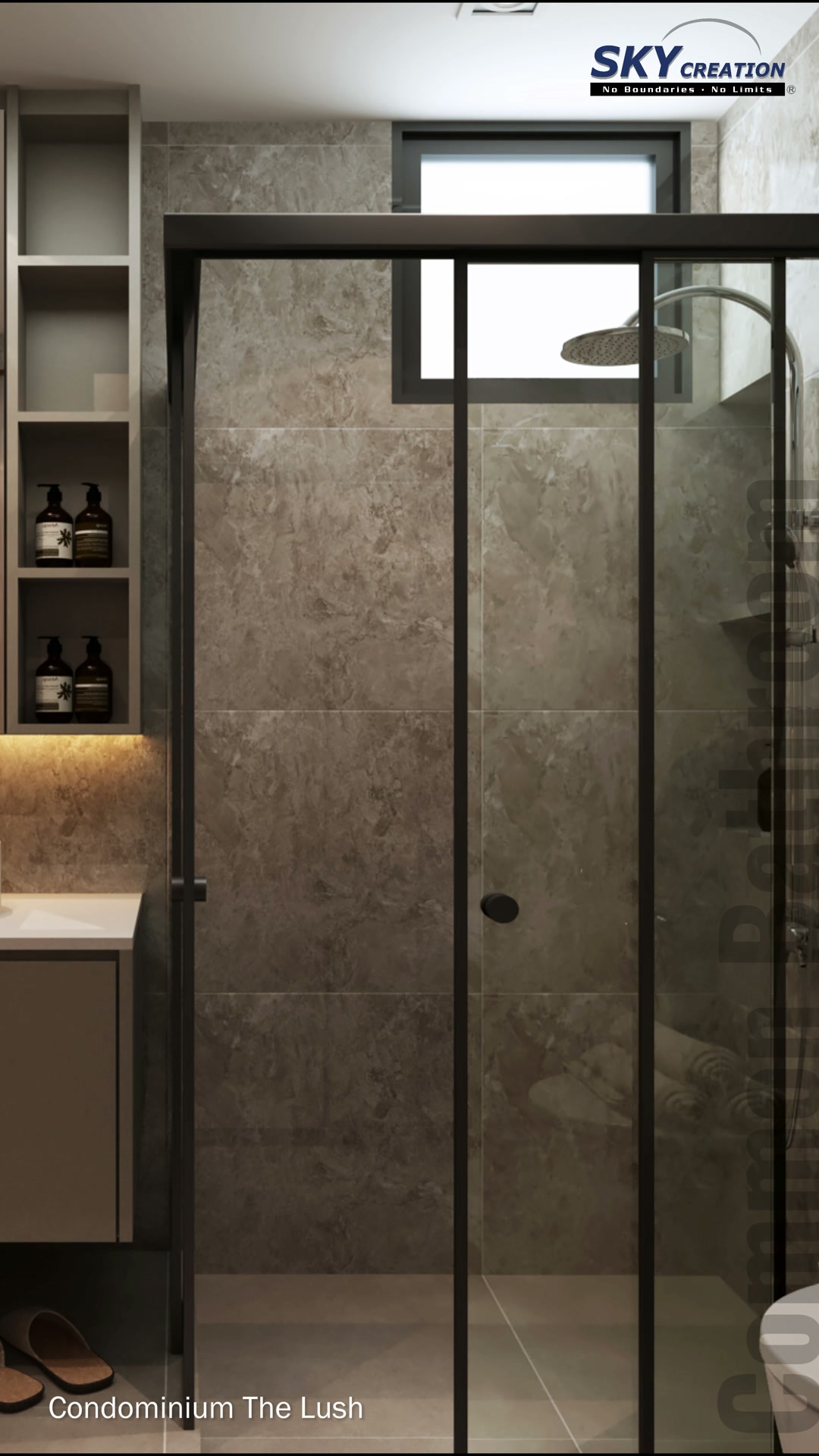 The Lush bathroom with warm stone surfaces, floating vanity and black-framed shower screen