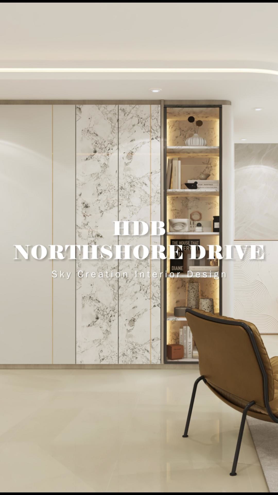 Original Northshore Drive HDB 3D cover showing pale living-room cabinetry, marble-look panels, an illuminated display niche and a brown chair