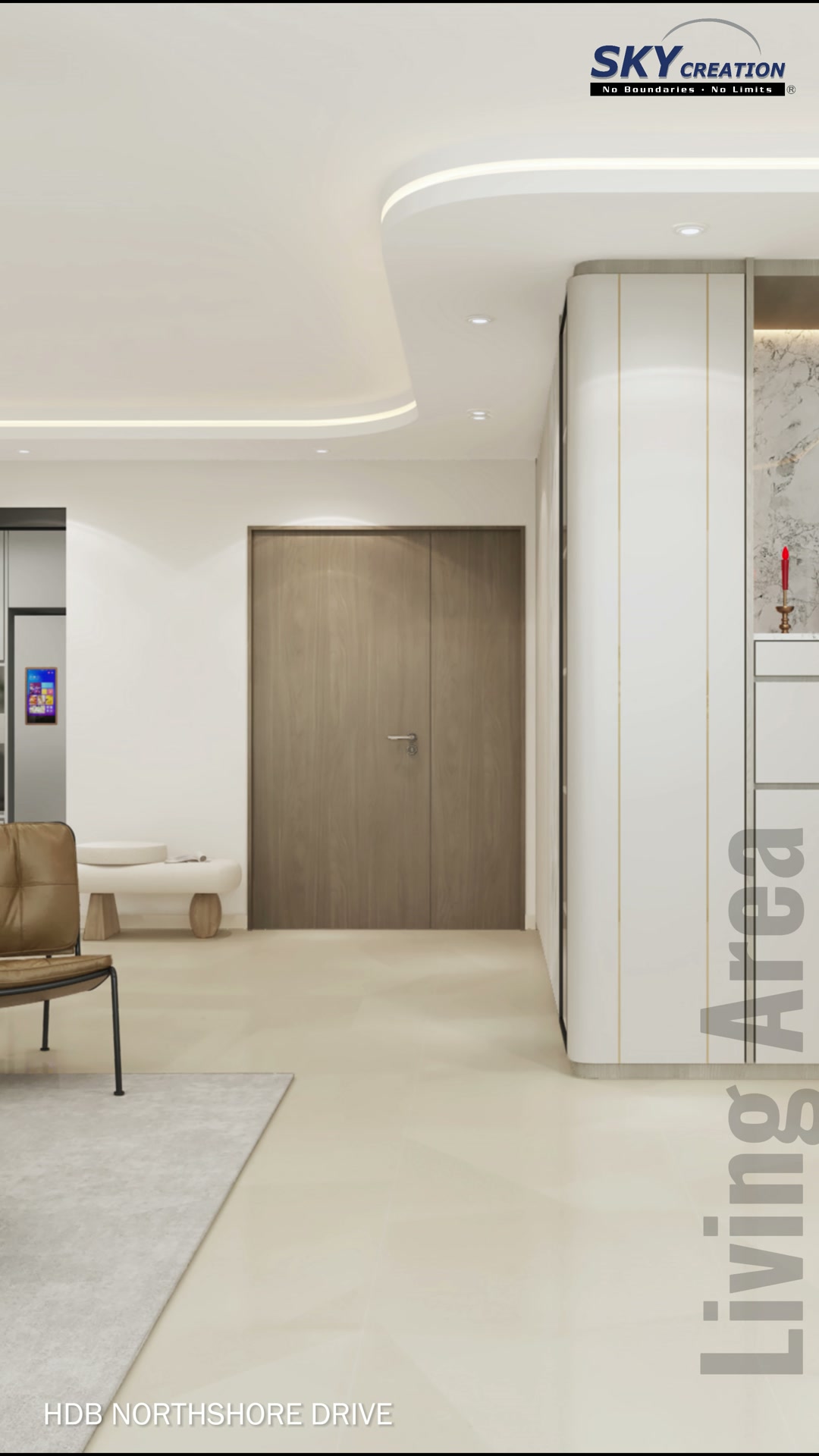 Northshore Drive HDB living room with curved ceiling lighting, pale feature wall and built-in television console