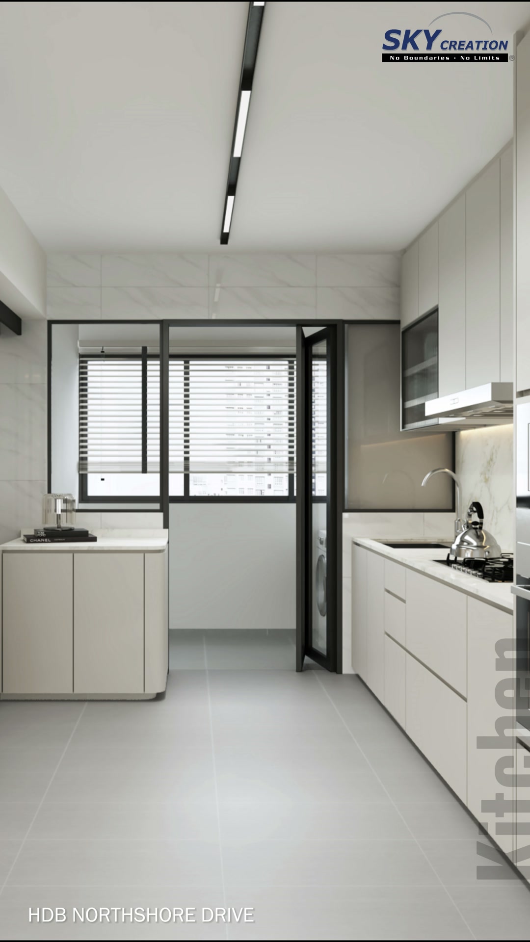 Northshore Drive galley kitchen with pale cabinetry, tall appliance bank, black linear light and service-zone window