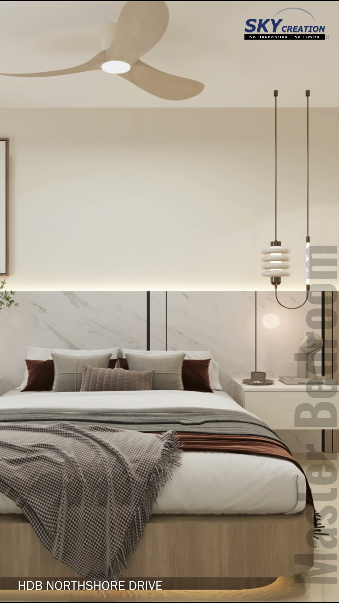 Northshore Drive main bedroom with grey upholstered bed, full-width headboard treatment, ceiling fan and tall wardrobe