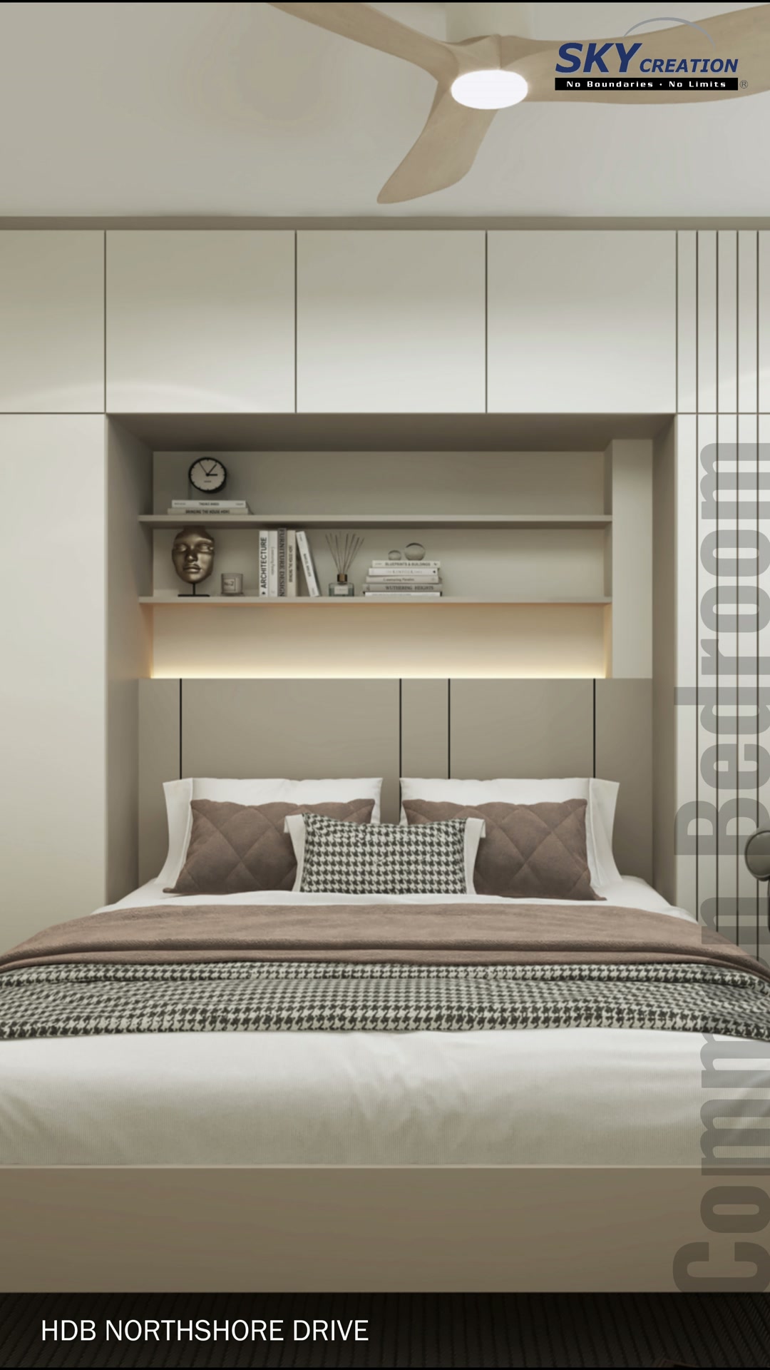 Northshore Drive common bedroom with a recessed bed, overhead storage, lit shelf and adjacent study desk