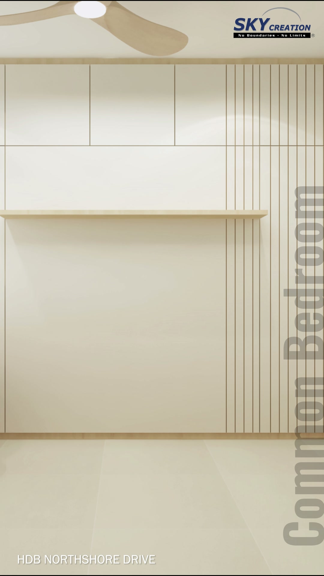 Northshore Drive adaptable common room with a closed fold-away bed wall, vertical grooves and overhead cabinets