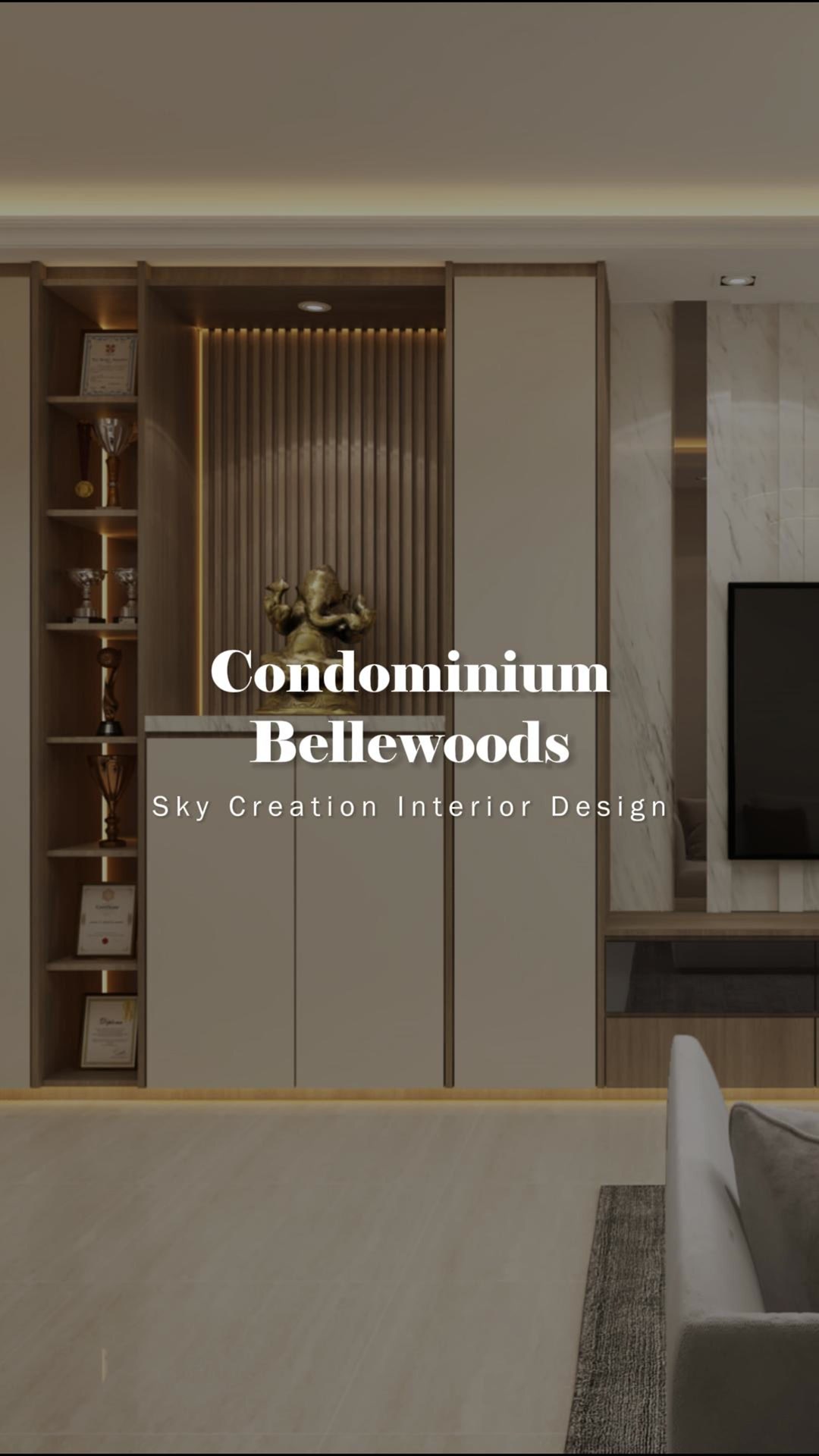 Original Bellewoods condominium 3D cover showing the living-room display cabinet, marble-look television wall and pale seating