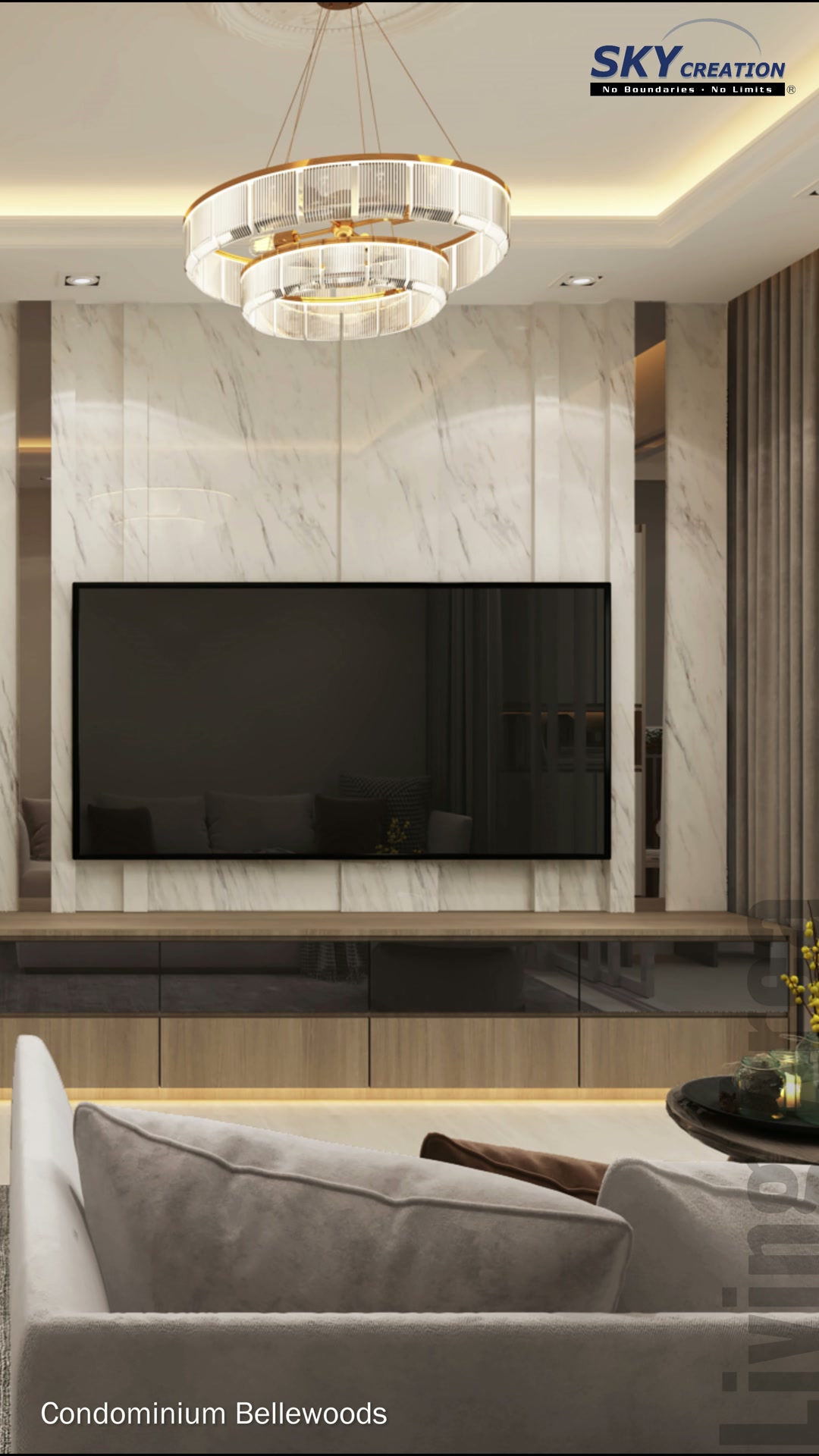 Bellewoods living-room television feature with a floating console, marble-look panels and integrated storage