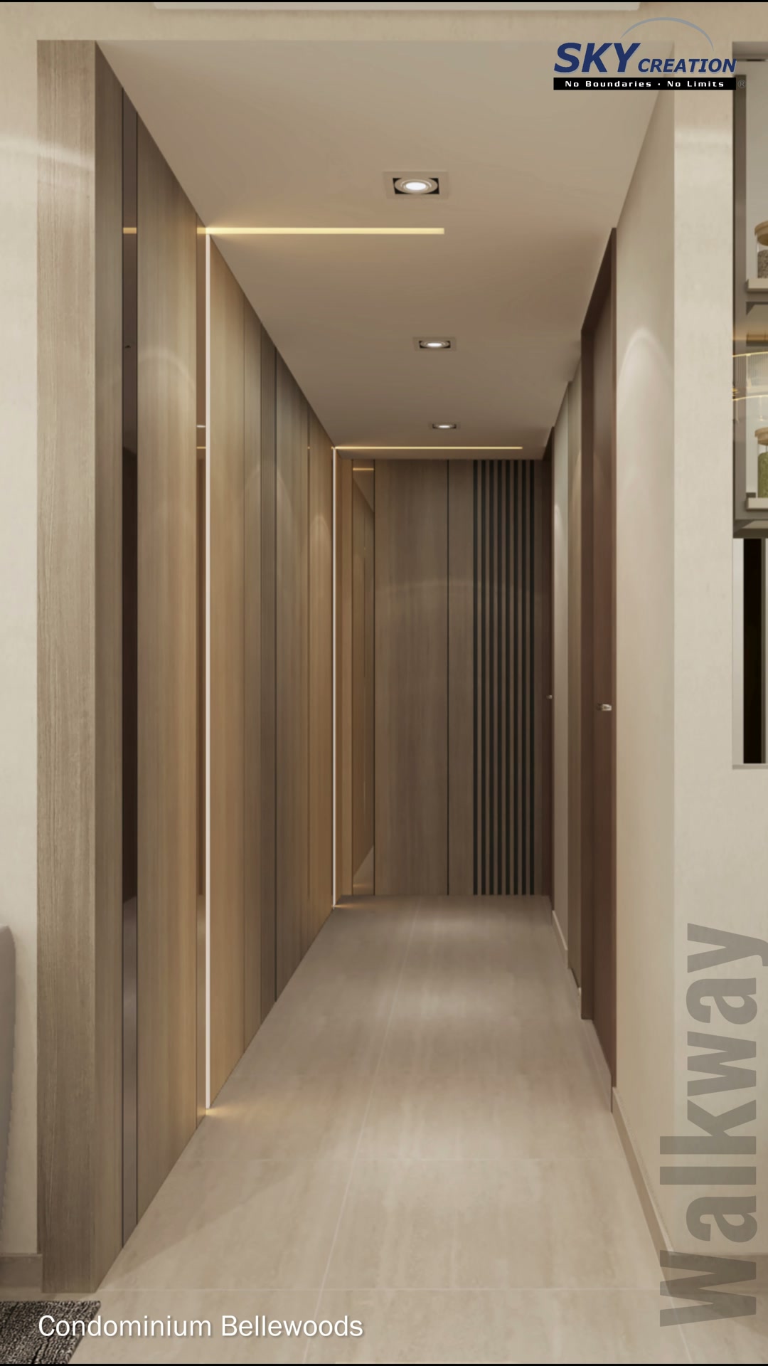 Bellewoods walkway with timber-toned wall panels, concealed storage and recessed lighting