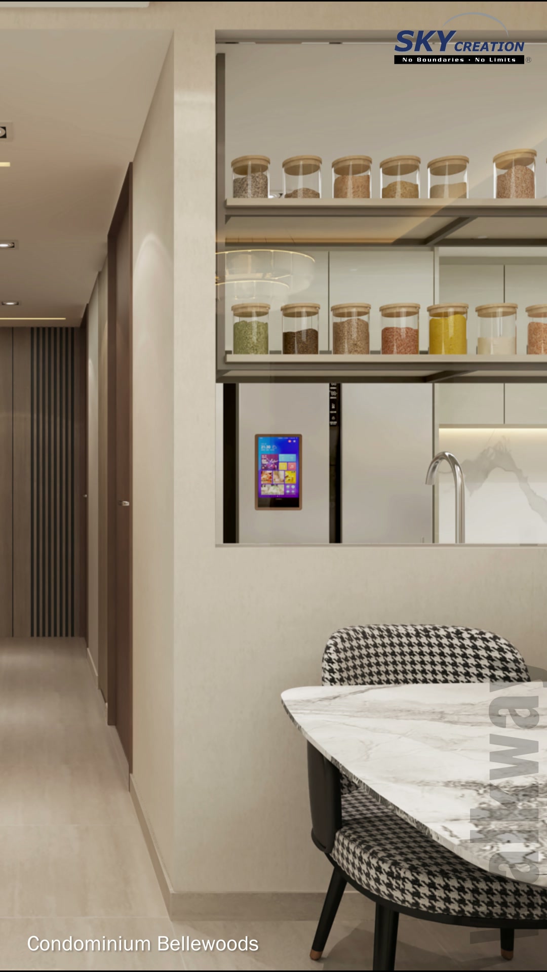 Bellewoods dining and kitchen transition with open display shelves, serving opening and patterned dining chair
