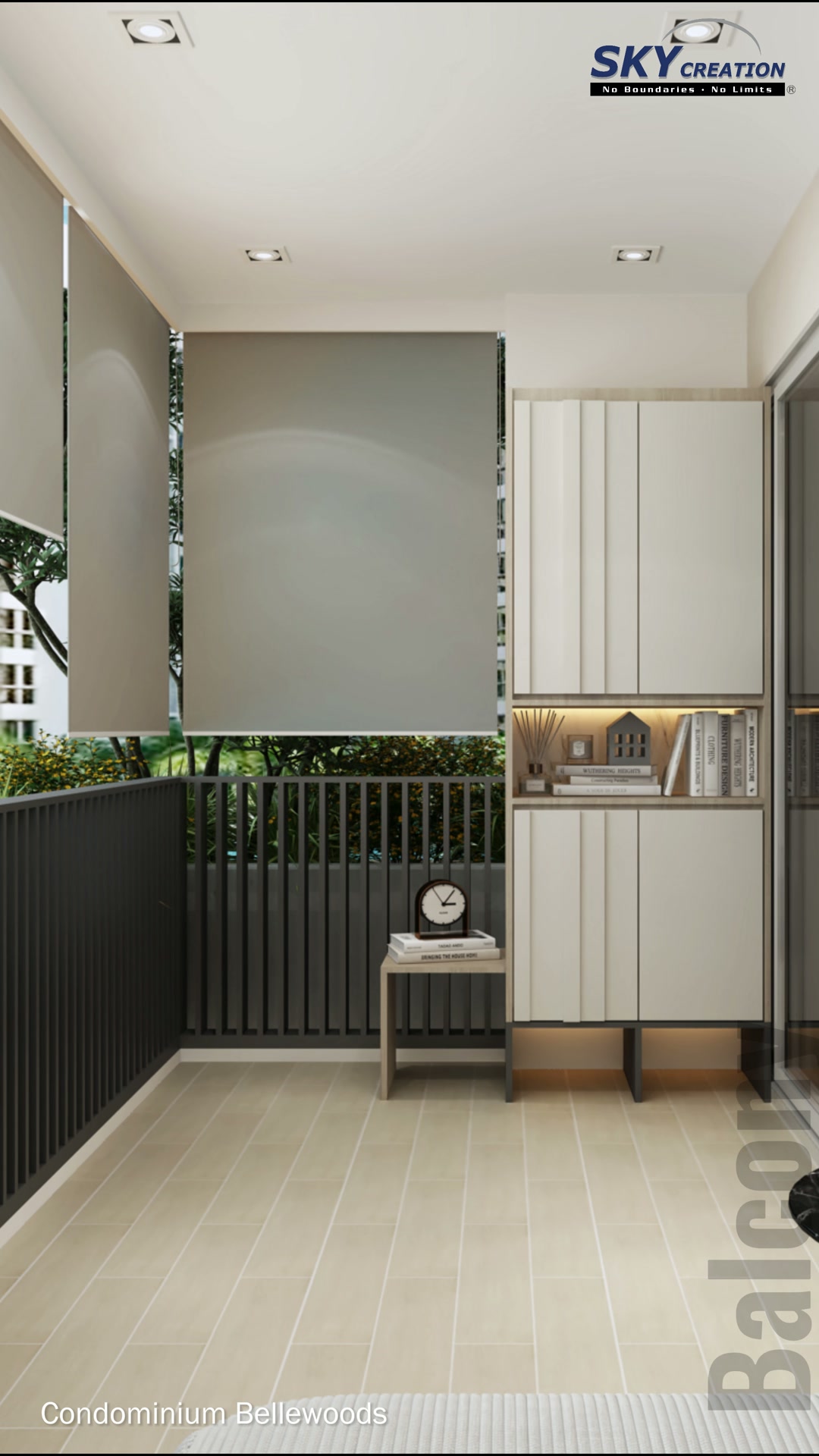 Bellewoods sheltered balcony with grey privacy screens, black railing and slim illuminated storage cabinet