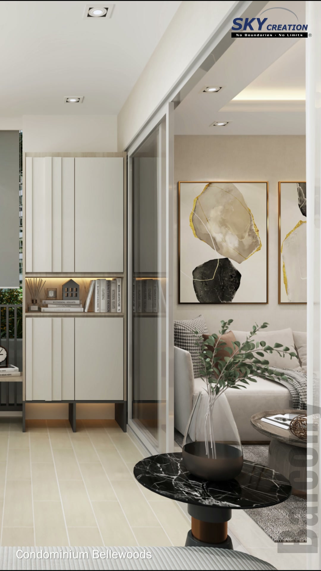 Bellewoods balcony connection with sliding glass doors, compact side table and view back into the living area