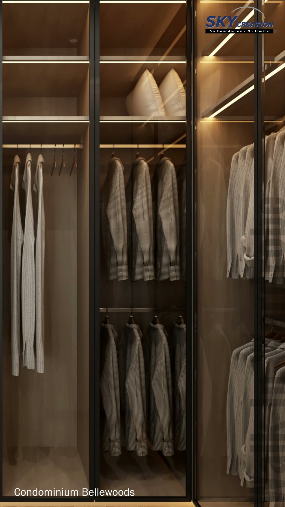 Bellewoods illuminated wardrobe with double hanging rails, display shelves and tinted glass fronts