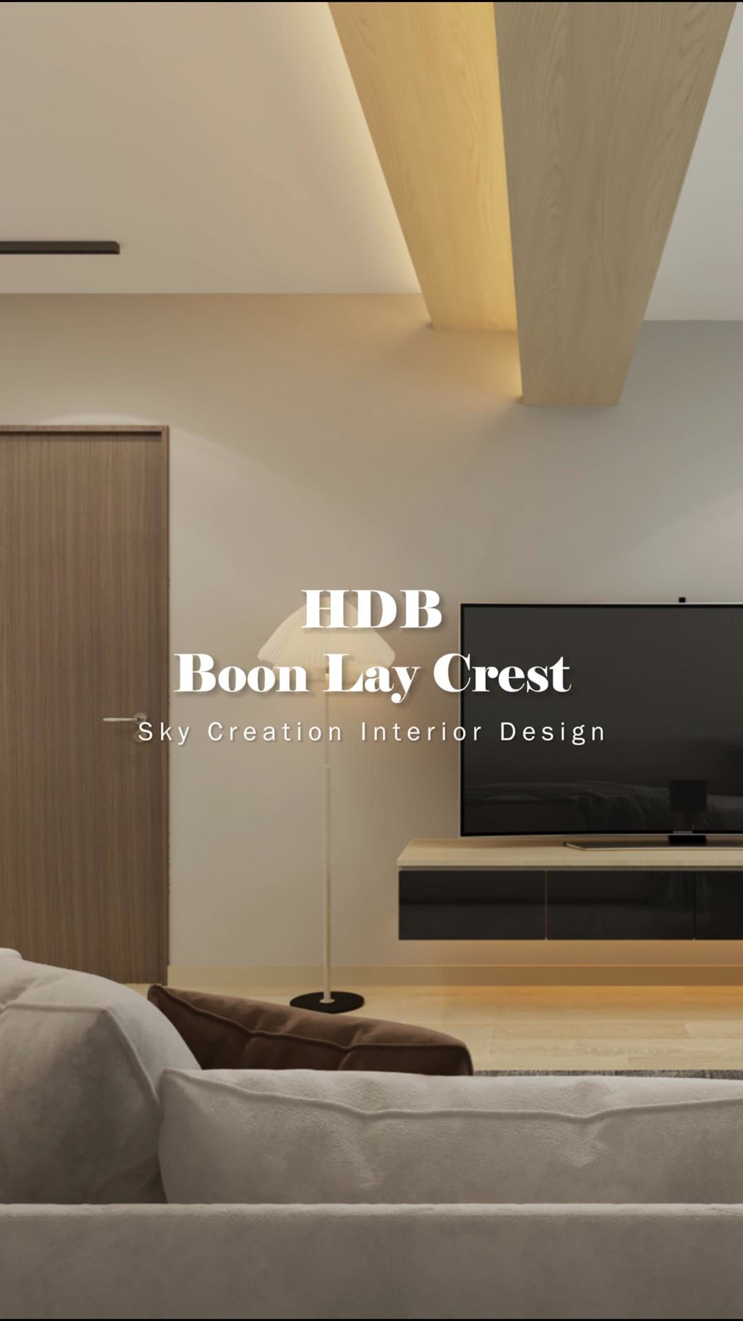 Original HDB Boon Lay Crest 3D cover showing the warm living room with a pale sofa and floating television console