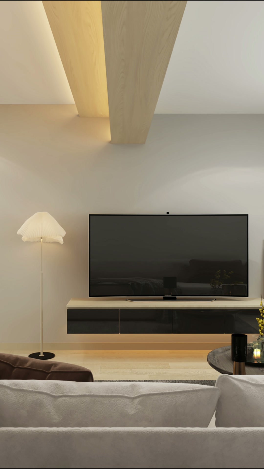 Boon Lay Crest living room with a pale sofa, floating dark television console and warm ceiling recess