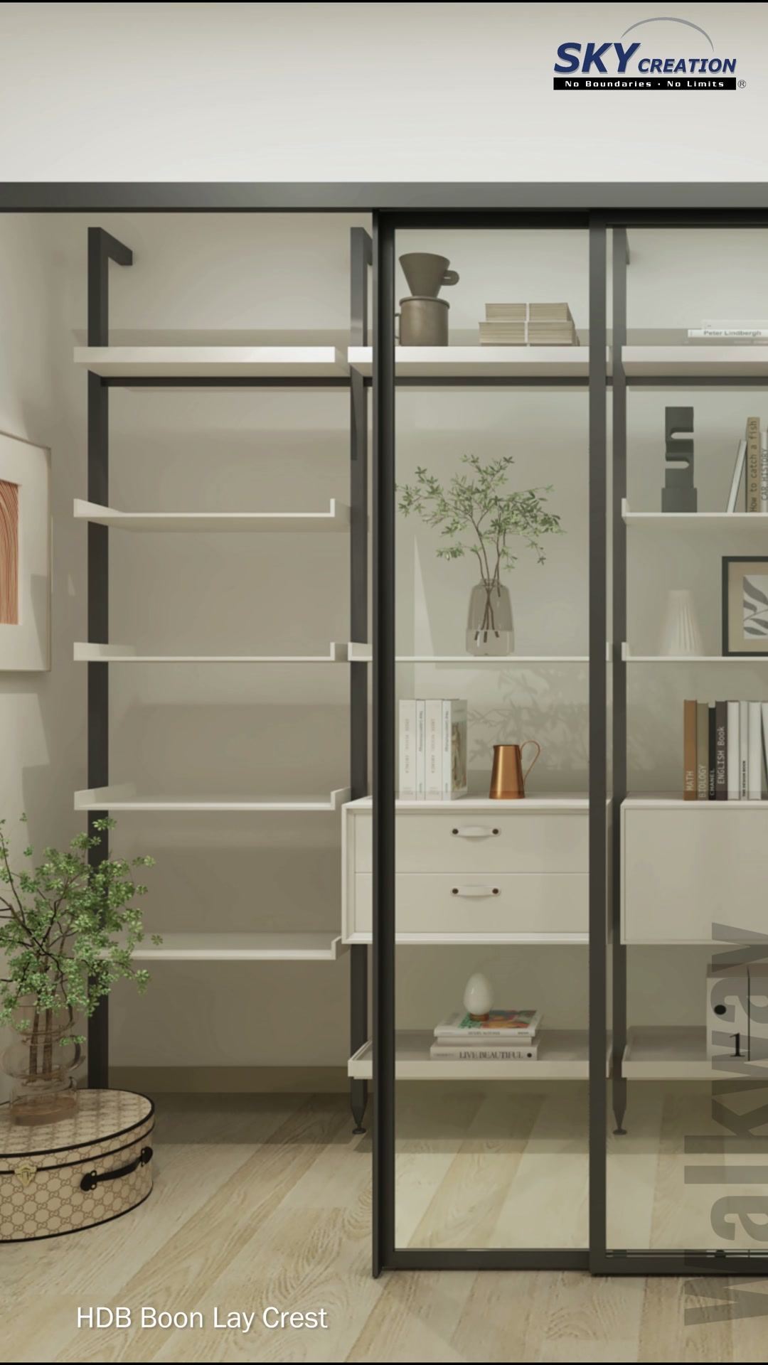 Boon Lay Crest living area with paired timber doors, a floor lamp and leaning abstract artwork