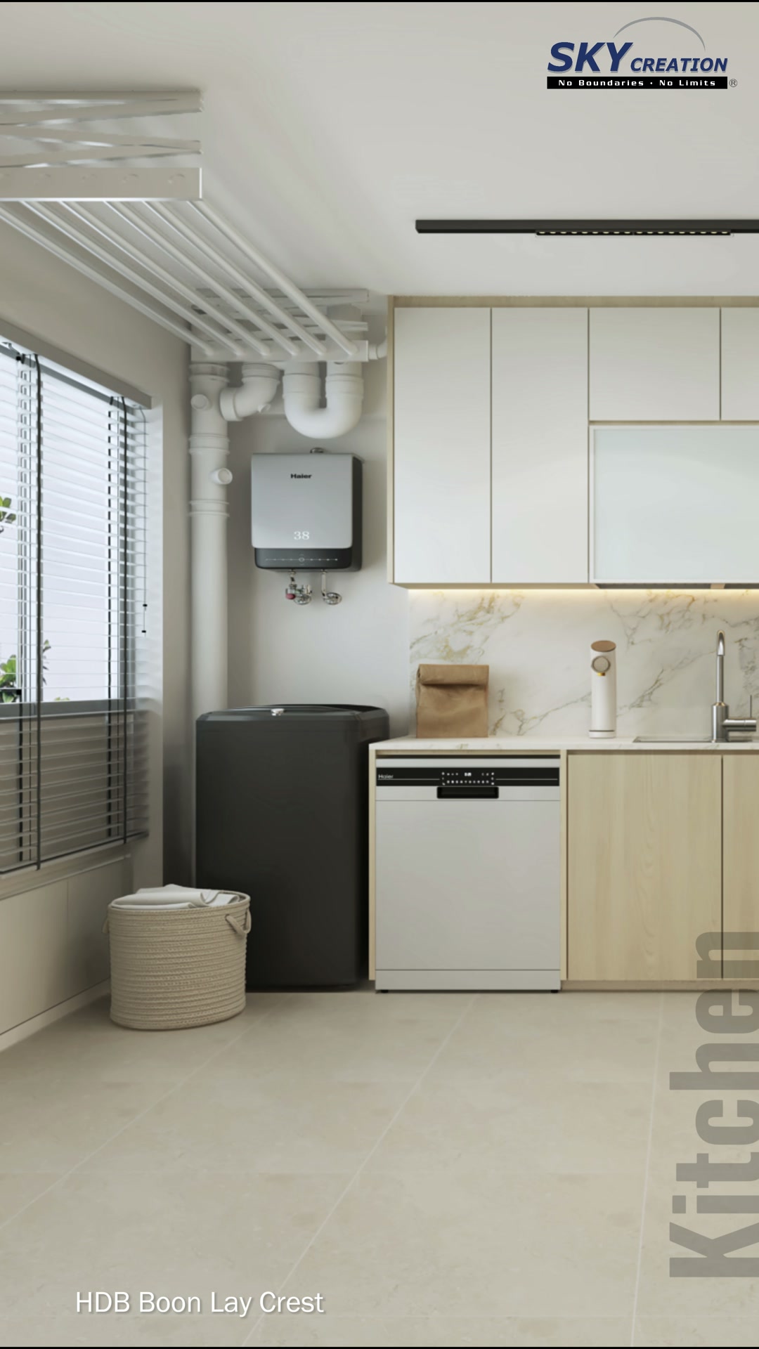 Boon Lay Crest kitchen with window-side utility storage and pale timber cabinetry