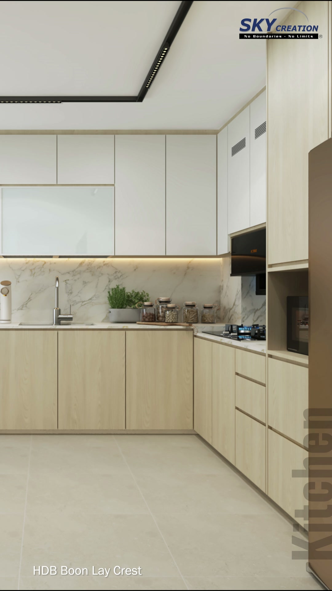 Boon Lay Crest kitchen with white upper cabinets, marble-look splashback and warm task lighting