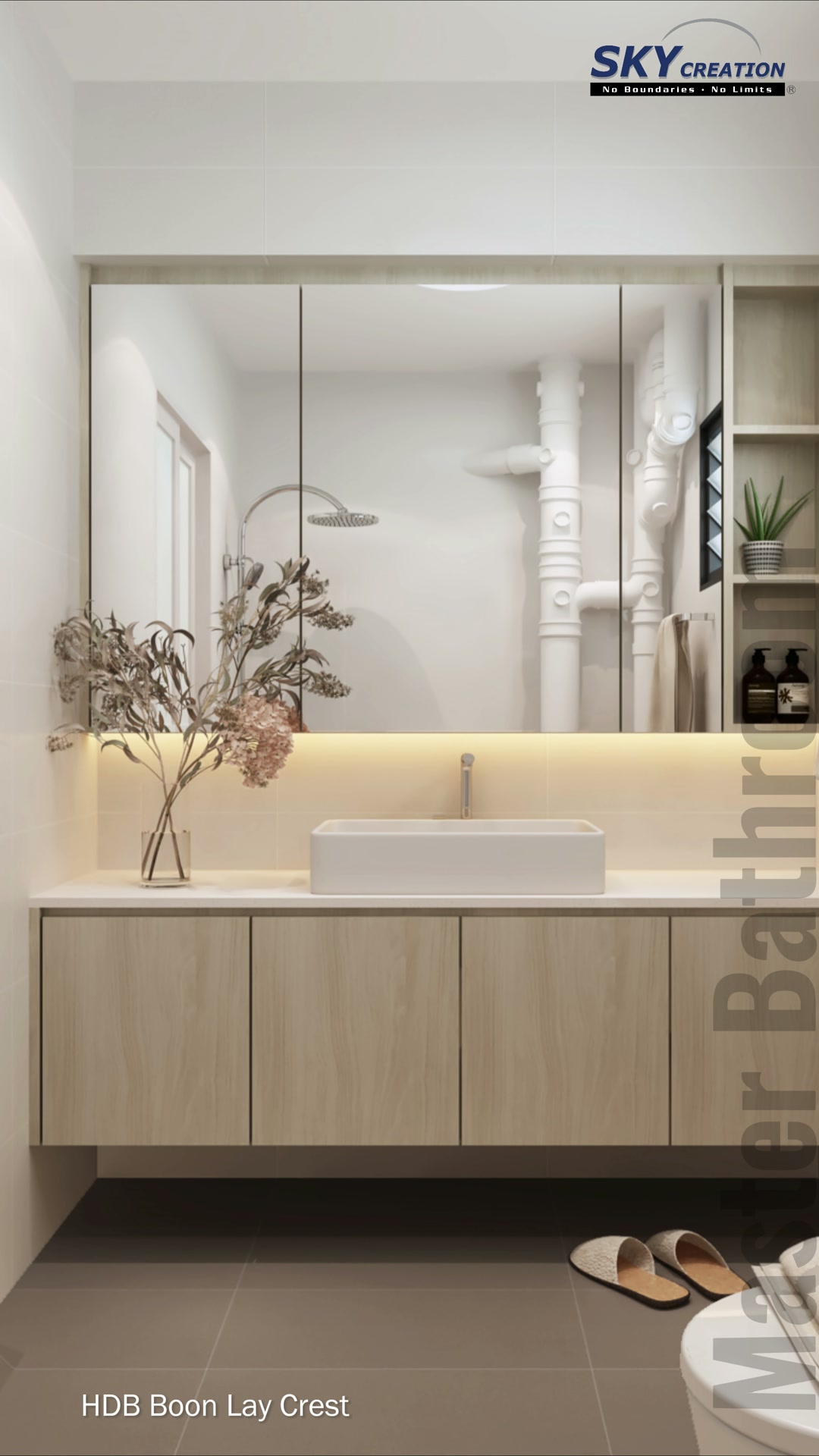 Boon Lay Crest bathroom with a floating timber vanity, broad mirror and illuminated ledge