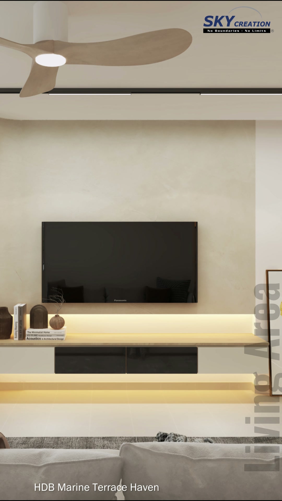 Marine Terrace Haven living room with wall-mounted television and long illuminated media shelf