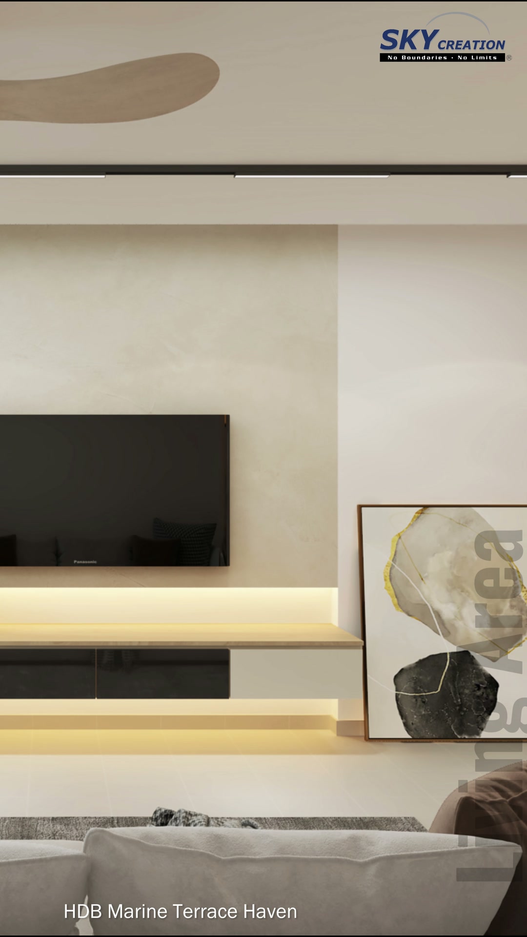 Marine Terrace Haven living room with tall warm-lit display niche, soft sofa and abstract artwork