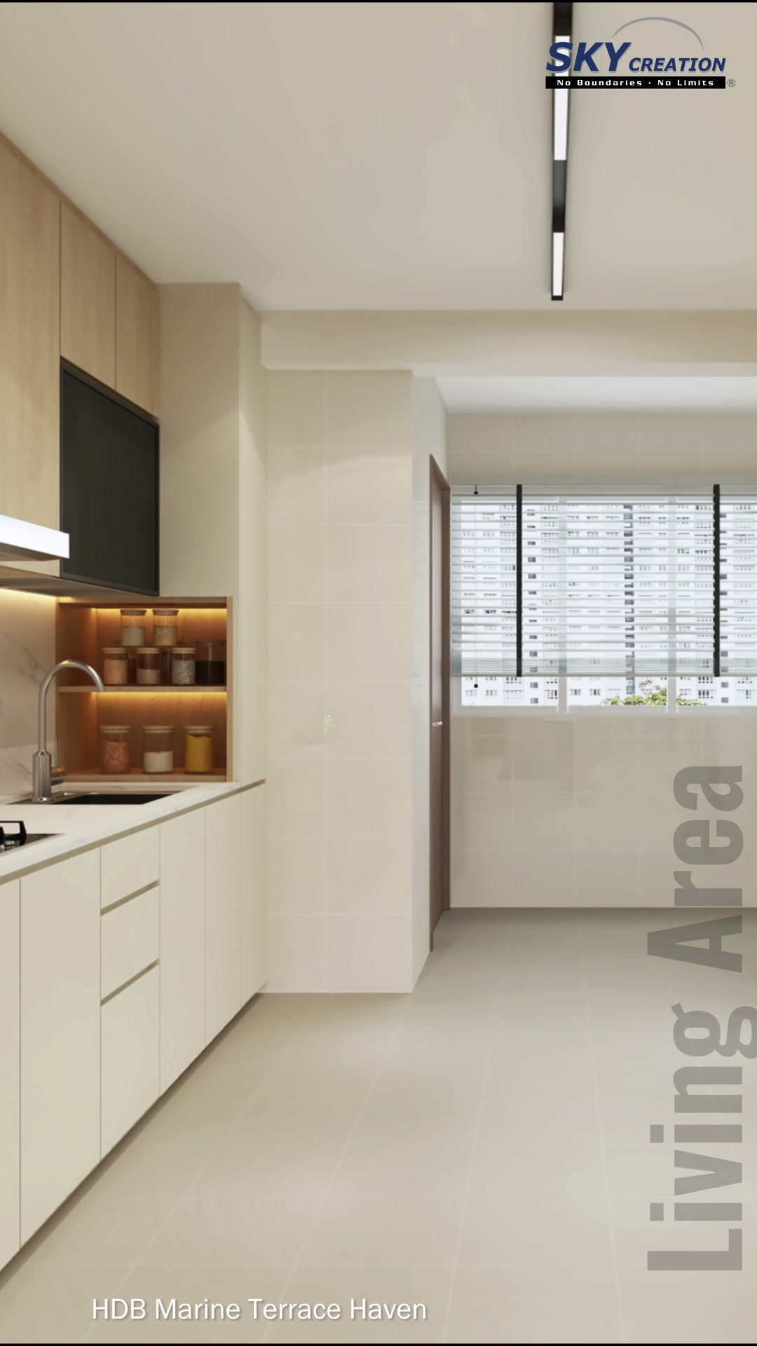 Marine Terrace Haven galley kitchen with pale cabinetry, timber accents and open display shelf