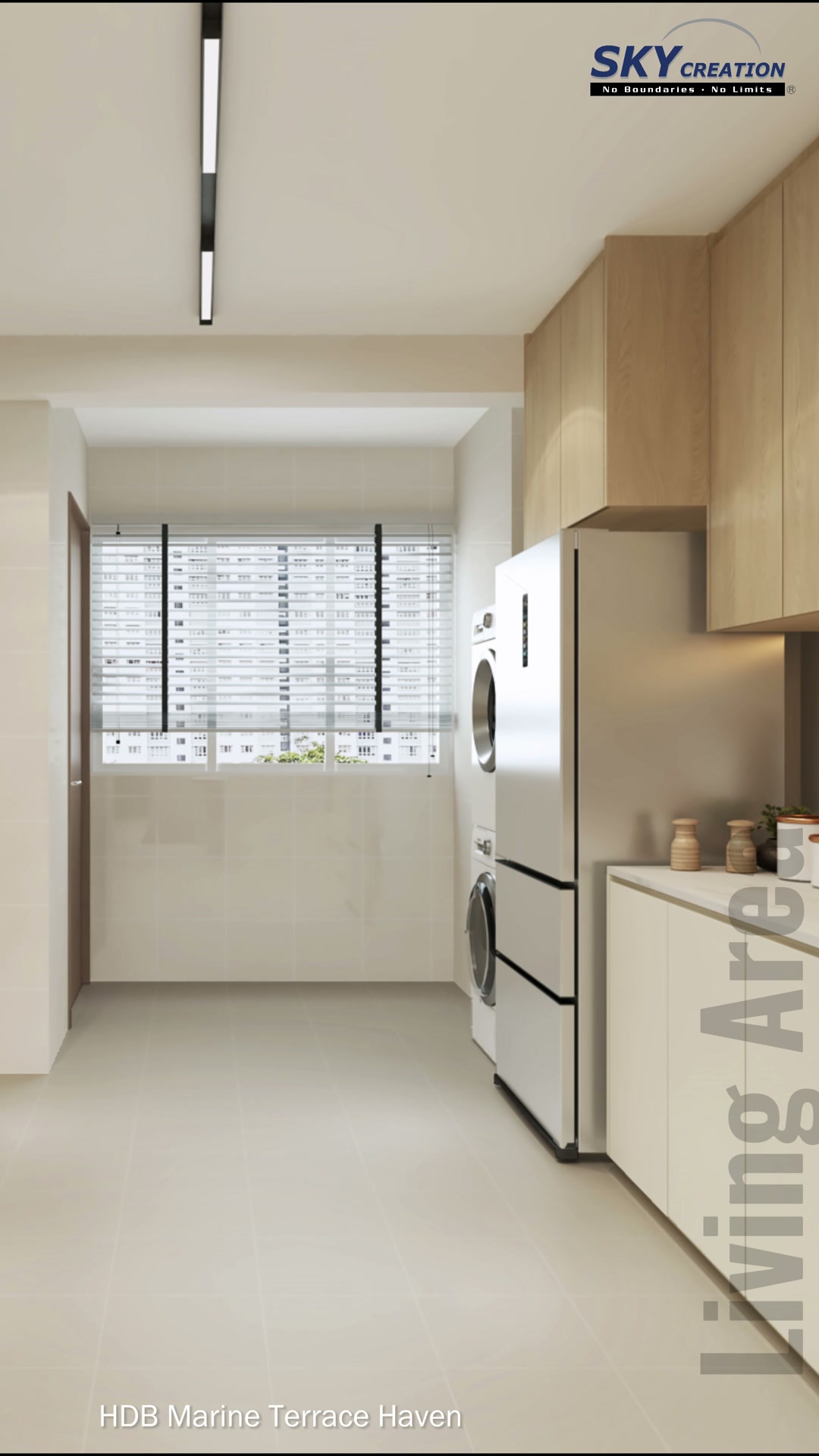 Marine Terrace Haven kitchen with two-sided storage, tall appliances and a bright window