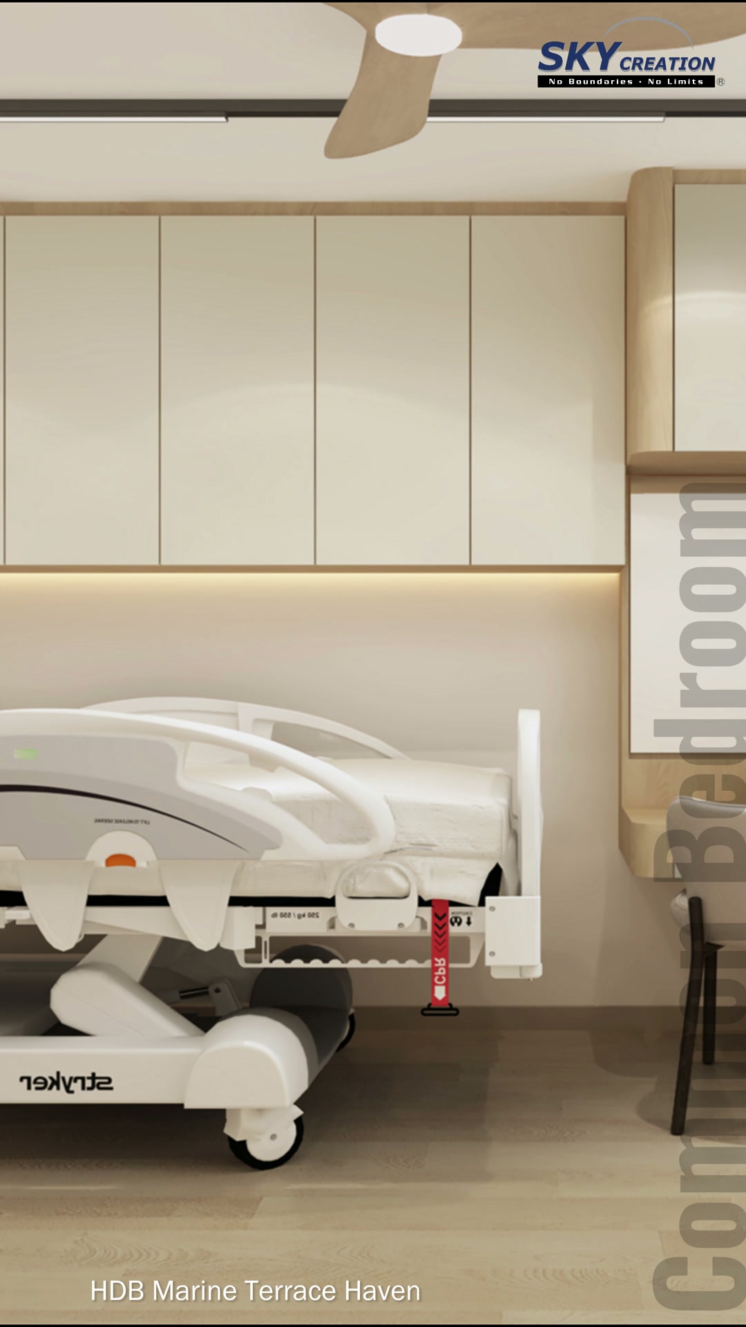 Marine Terrace Haven bedroom with adjustable bed and continuous full-height cabinetry
