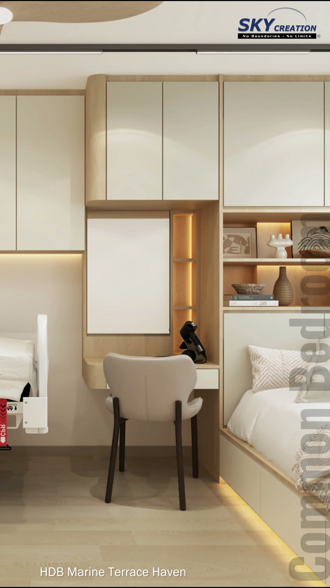 Marine Terrace Haven bedroom with compact study desk, warm display shelves and integrated storage