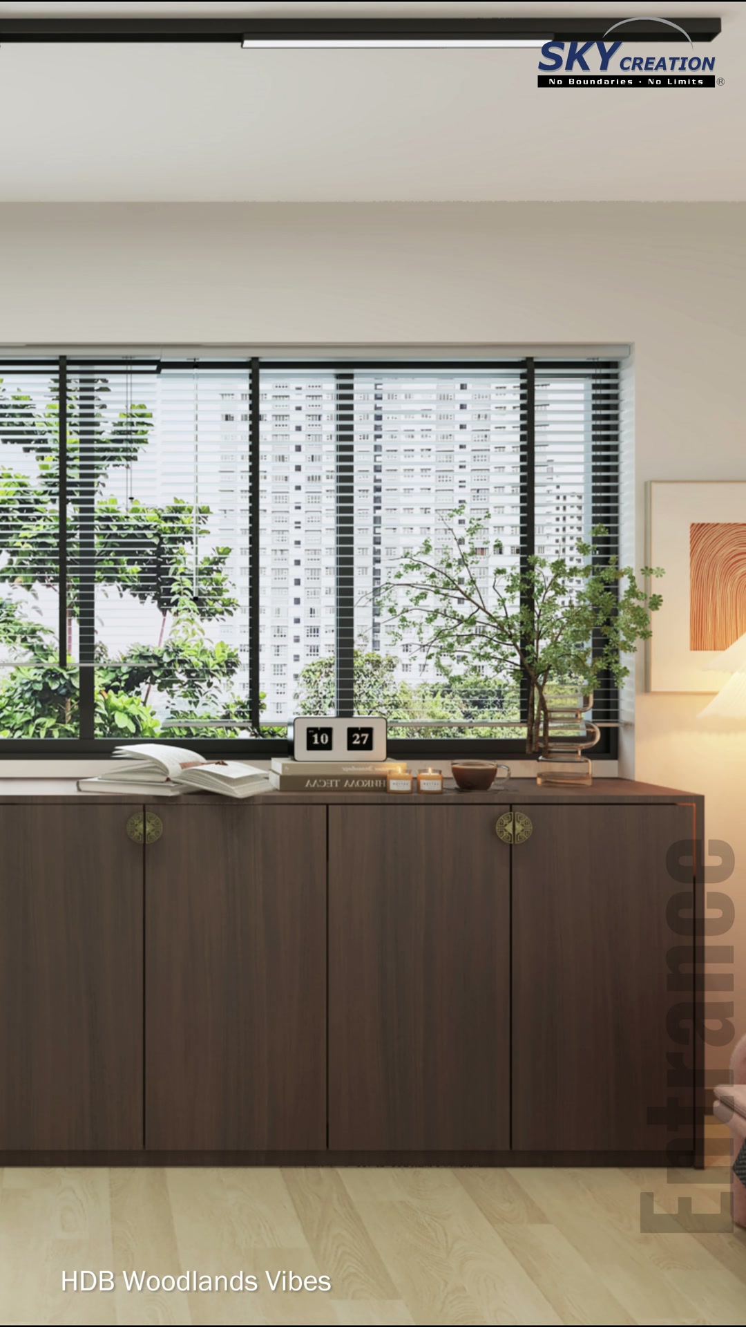 Woodlands Vibes living room with a pale sofa, floating television console and illuminated feature wall