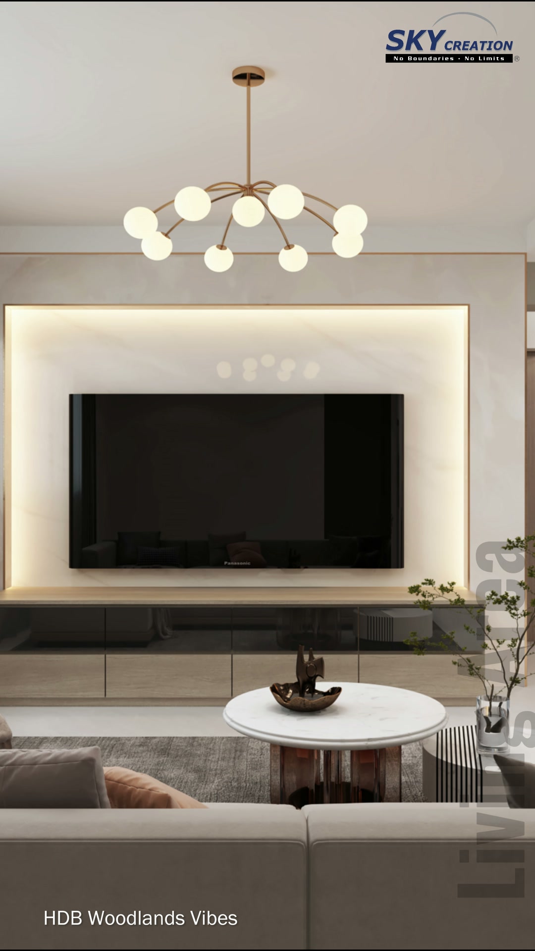 Woodlands Vibes living area with warm timber doors and a softly lit television wall