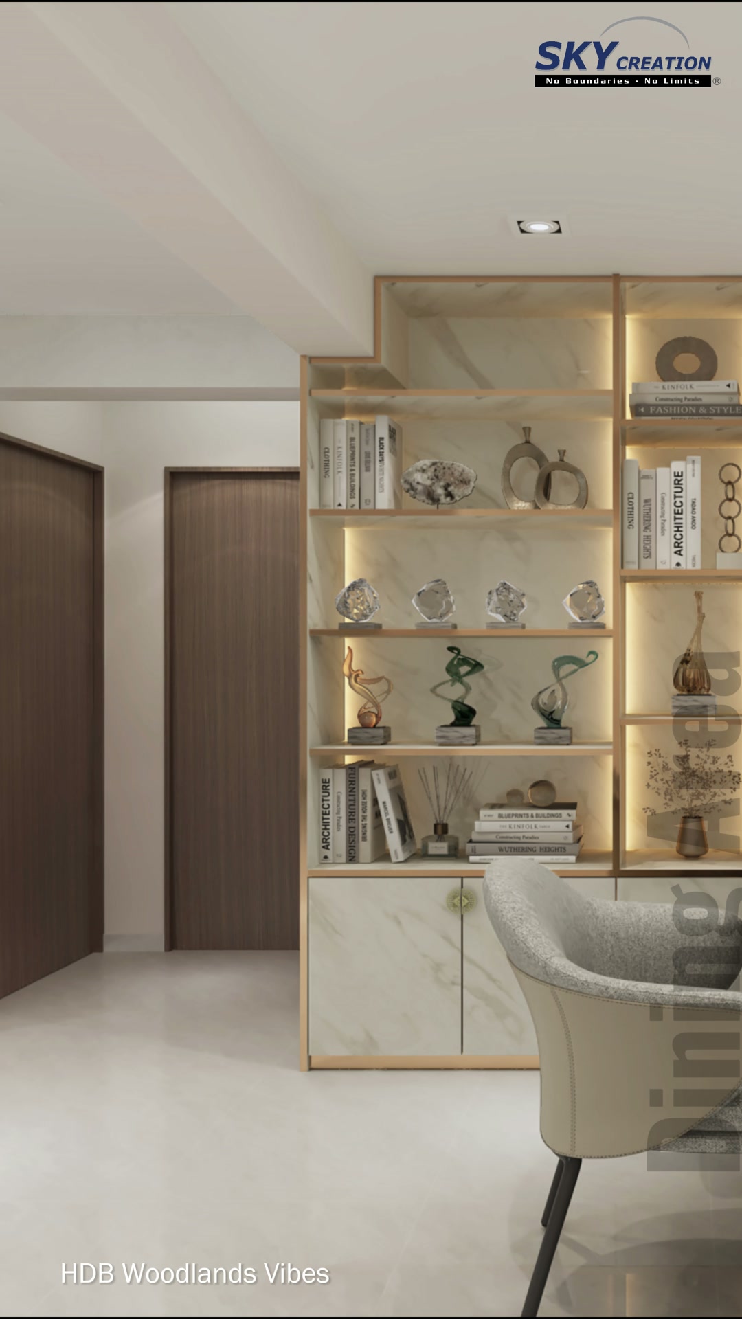 Woodlands Vibes dining area with an open full-height display cabinet and round table
